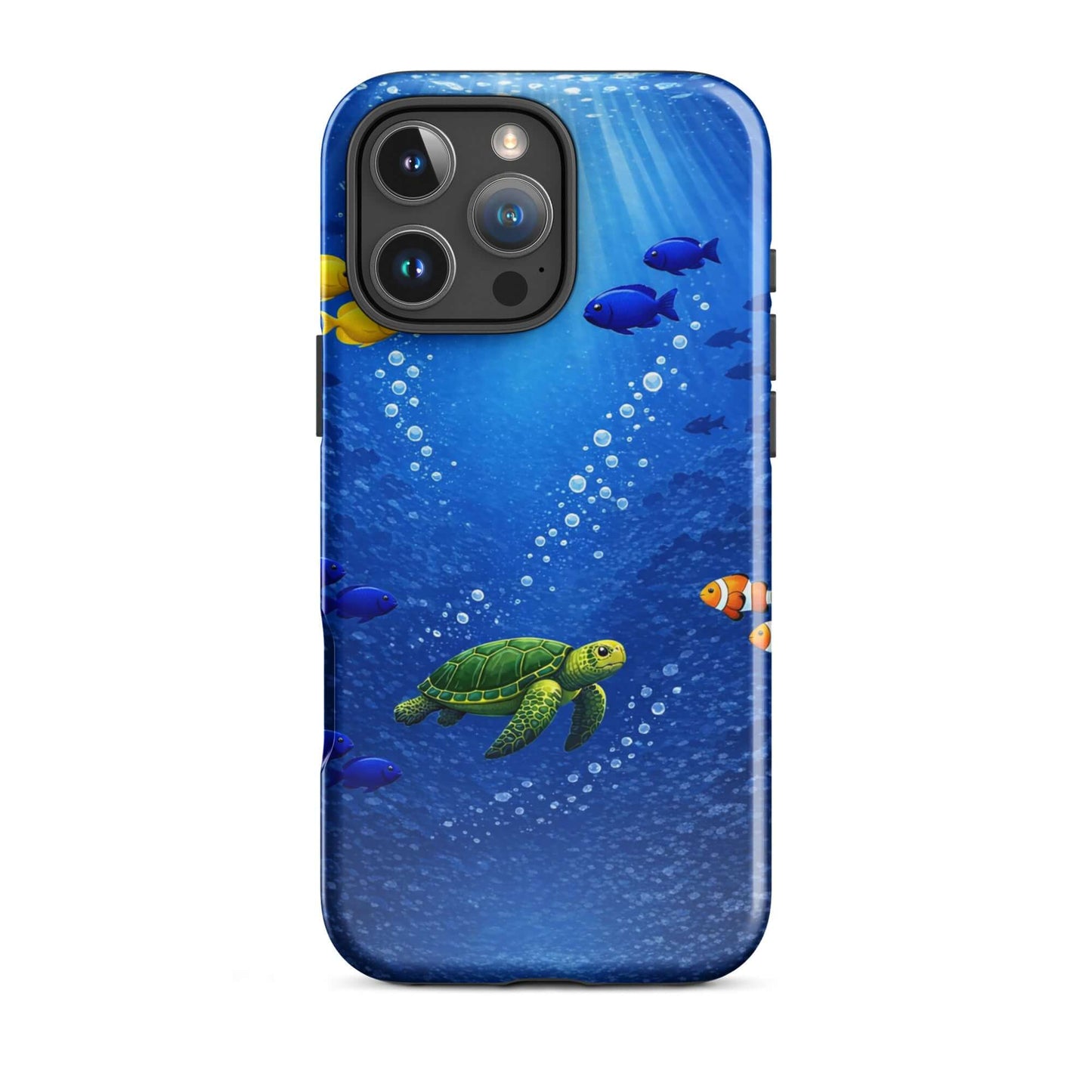 Phone Case featuring a vibrant sea turtle and tropical fish design in deep blue waters.