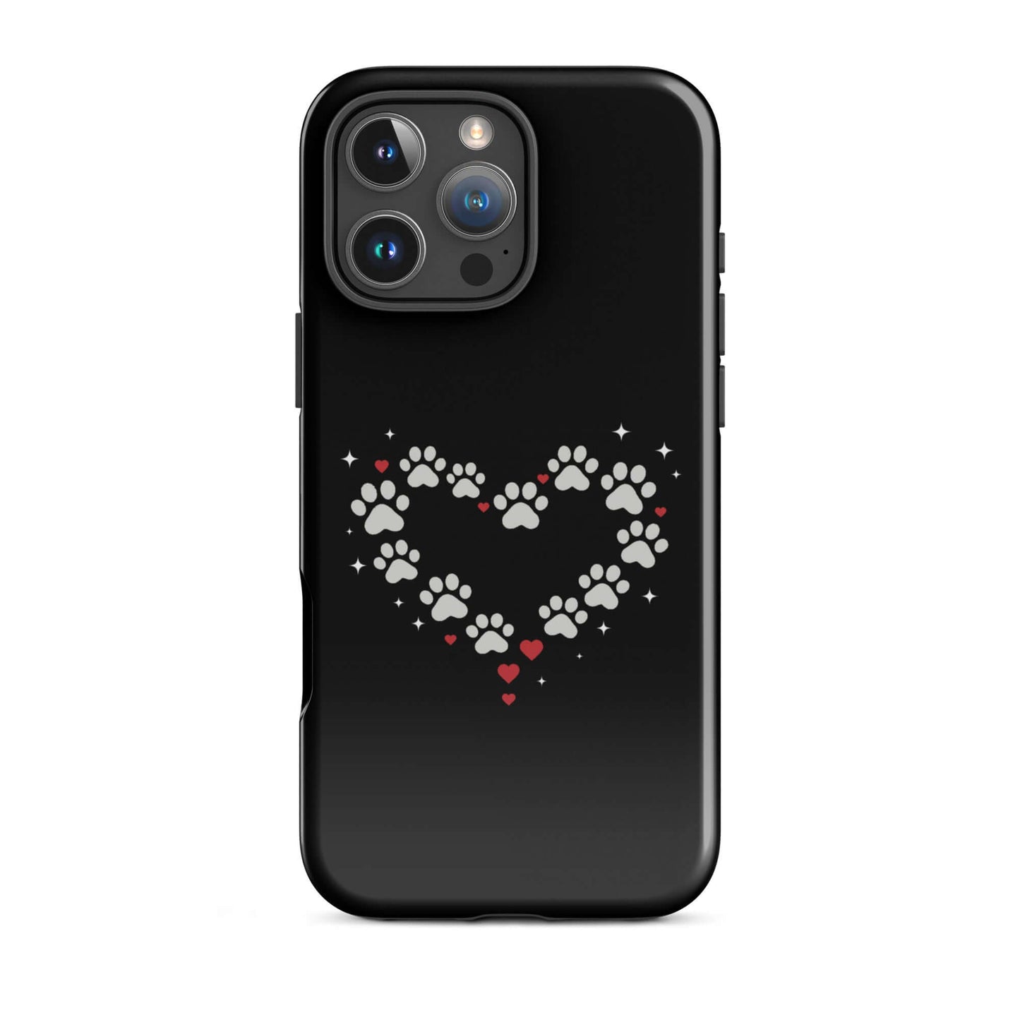 Phone Case for iPhone featuring a paw-print heart design on a black background, perfect for pet lovers.