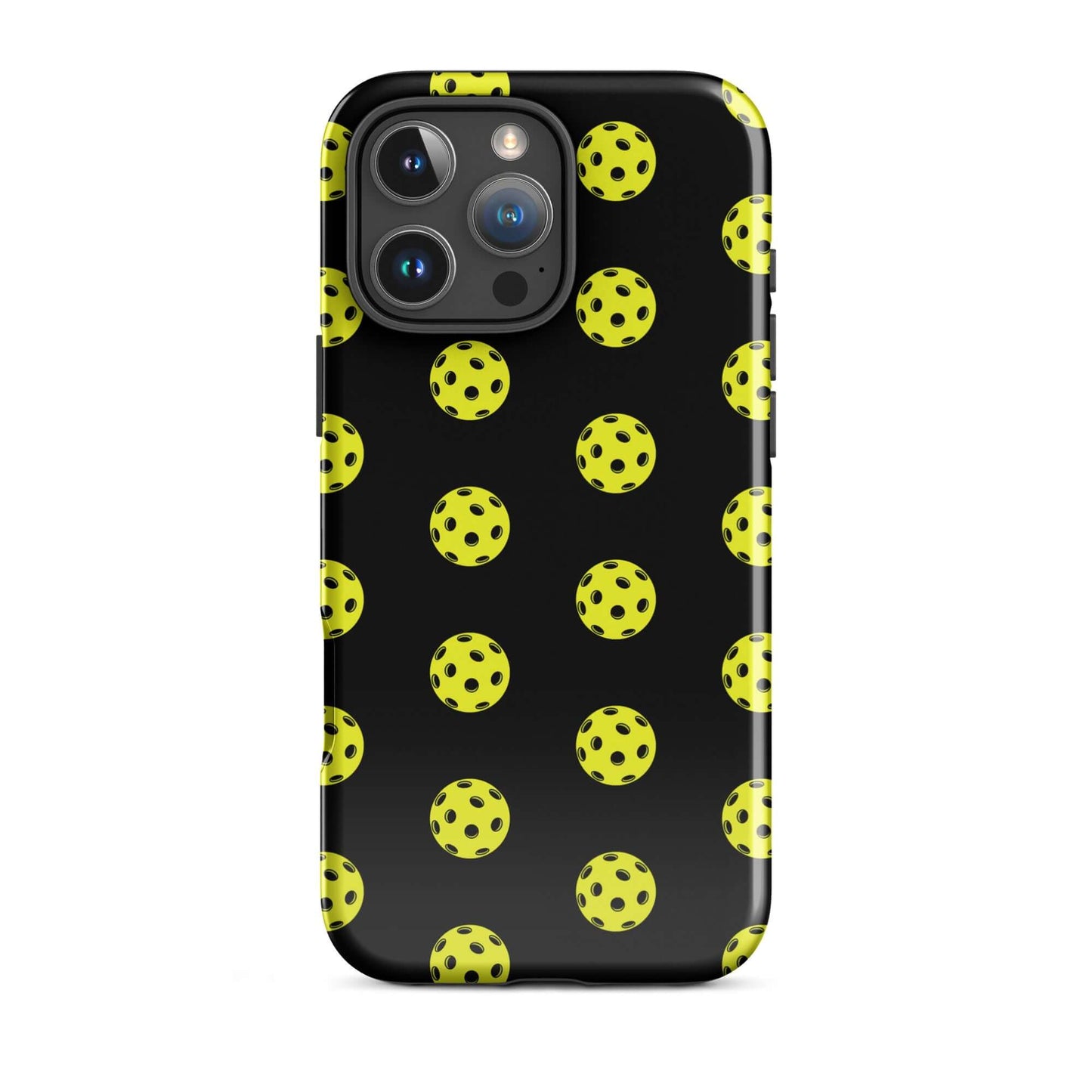 Phone Case featuring a playful pickleball pattern on a sleek black background, perfect for sporty style.