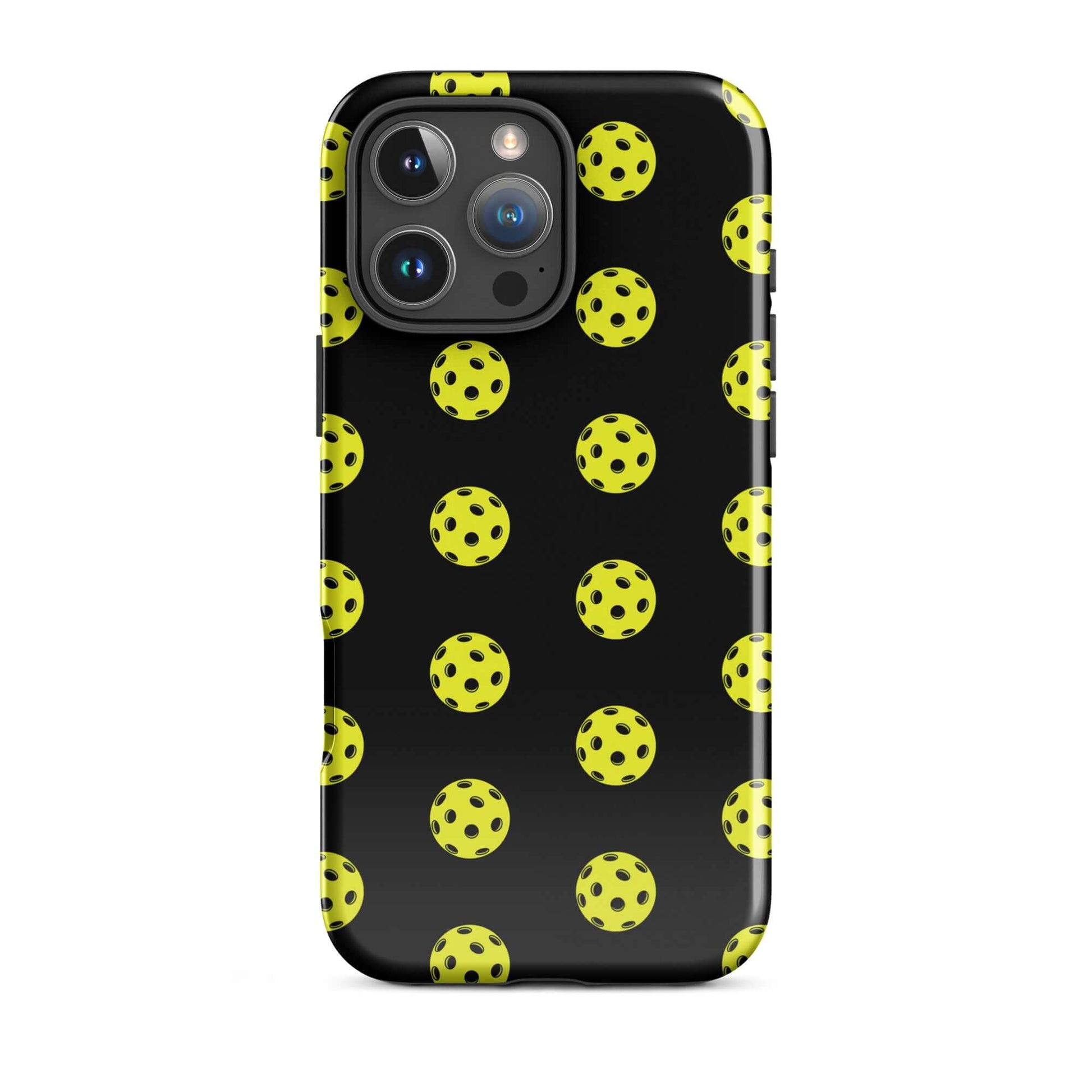 Phone Case featuring a playful pickleball pattern on a sleek black background, perfect for sporty style.