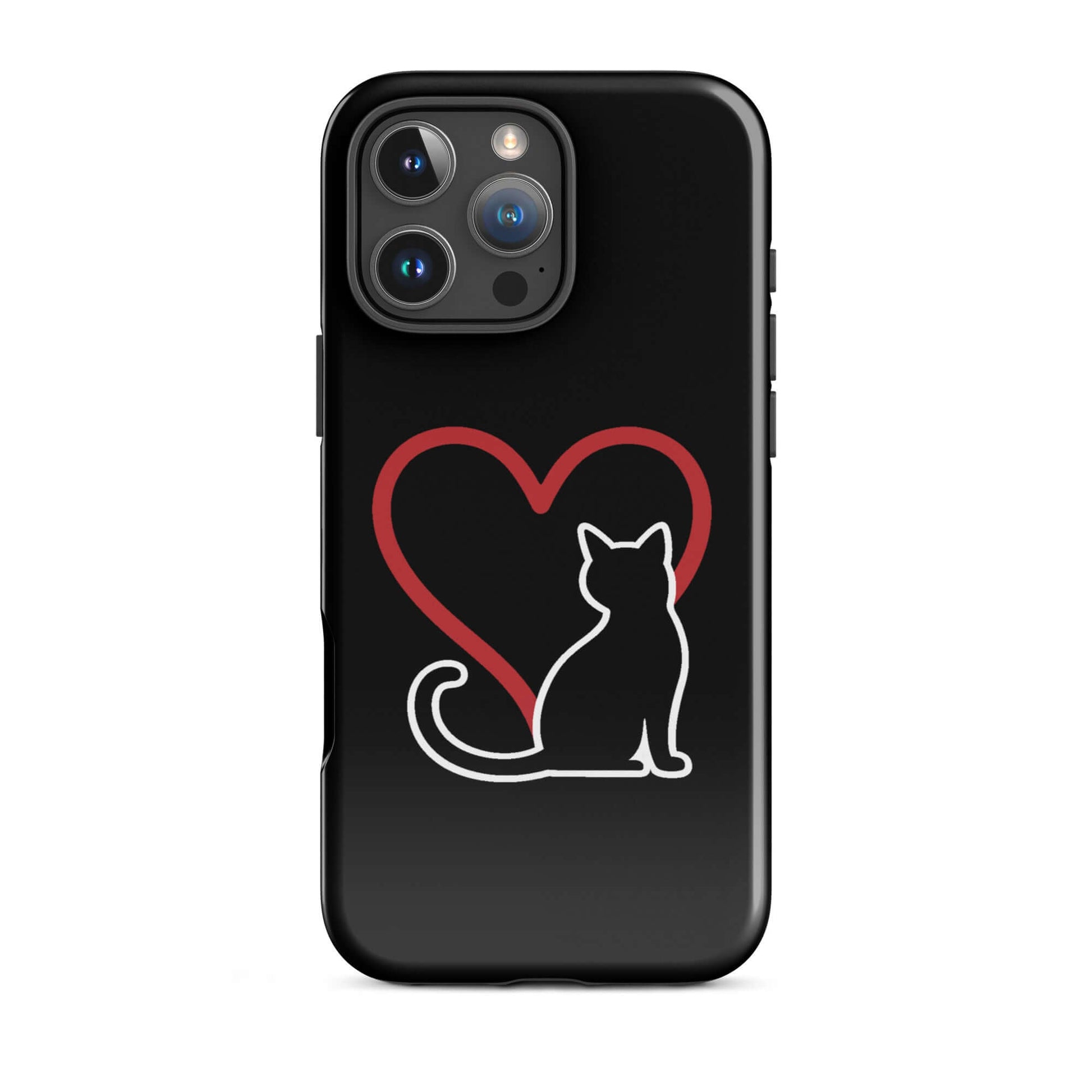 Phone Case featuring a black cat silhouette and red heart, perfect for cat lovers who appreciate elegant design.