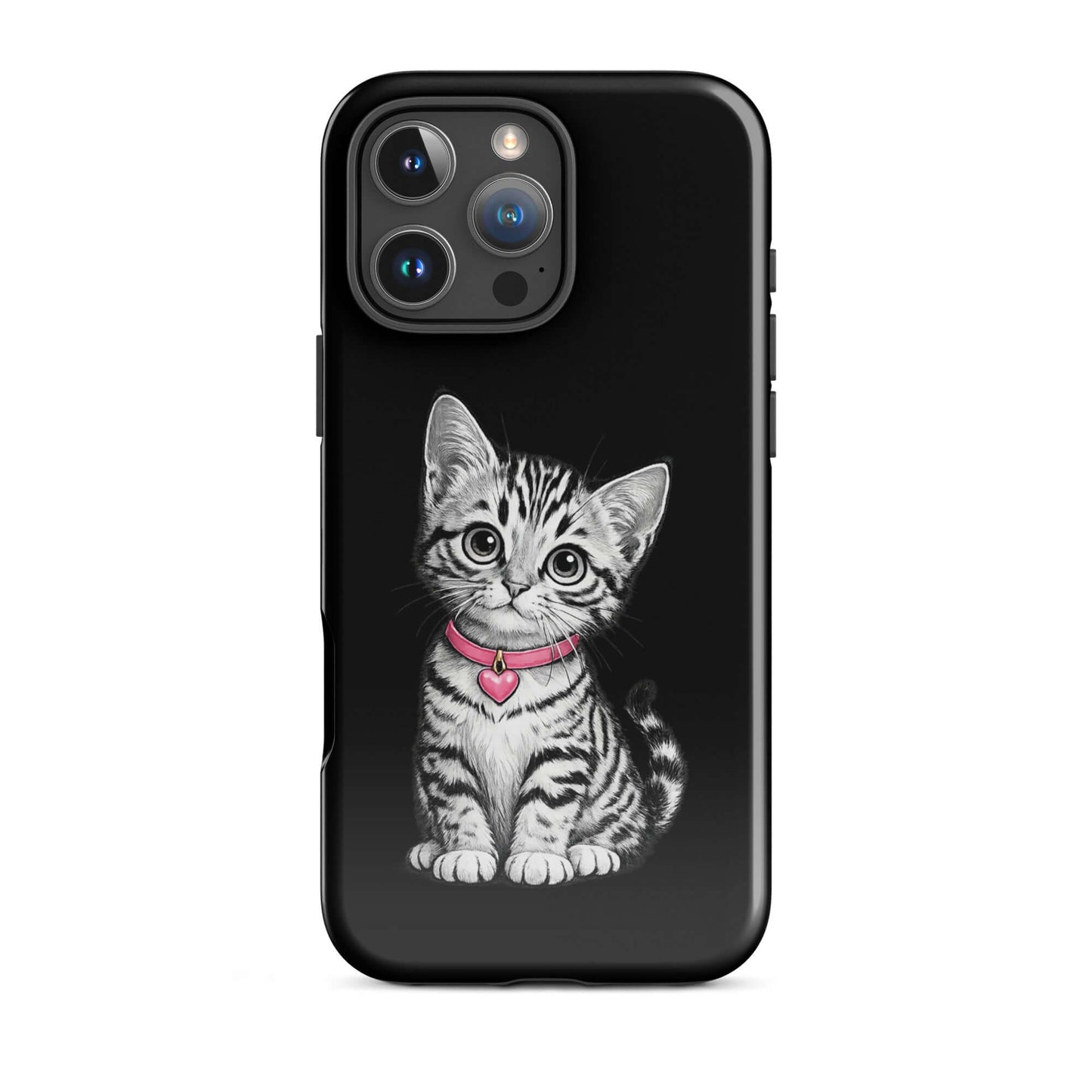 Phone Case for iPhone with pencil sketch kitten and pink heart charm, offering artistic design and premium protection.