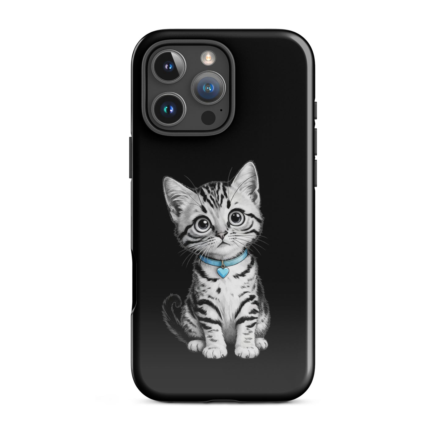 Phone Case for iPhone with kitten sketch and blue heart charm, showcasing adorable design and premium protection.
