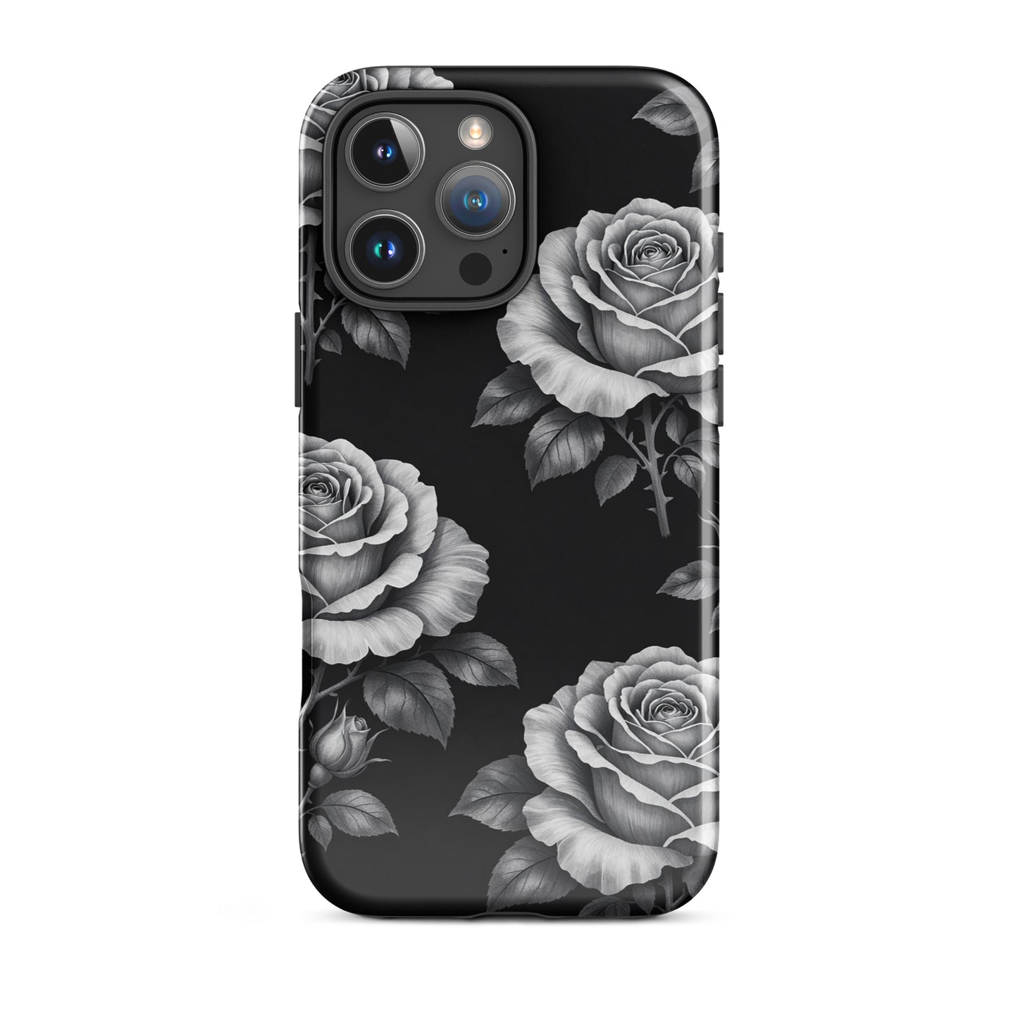 Phone Case for iPhone with black background featuring pencil-style roses and leaves, adding a floral charm and tough protection.