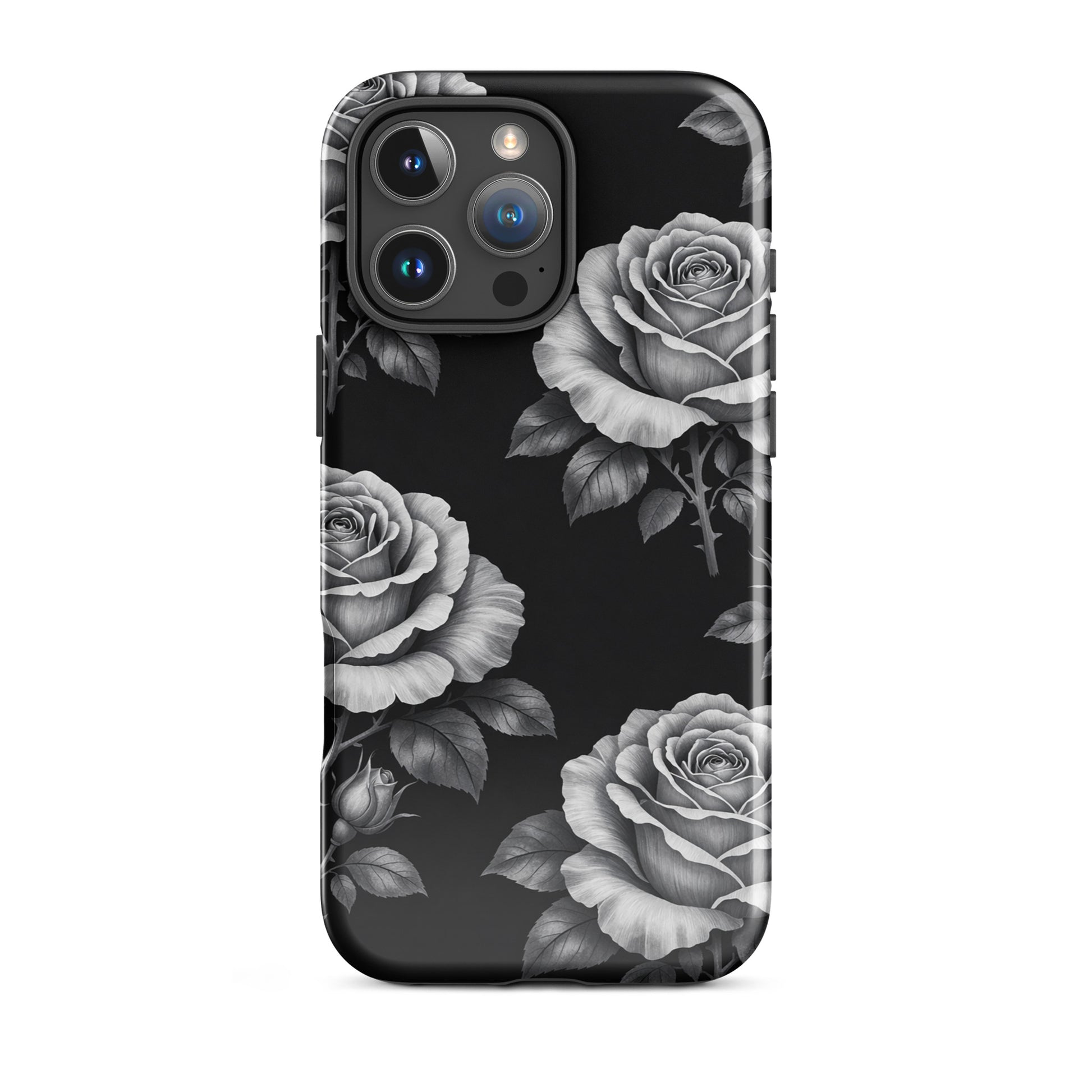Phone Case for iPhone with black background featuring pencil-style roses and leaves, adding a floral charm and tough protection.