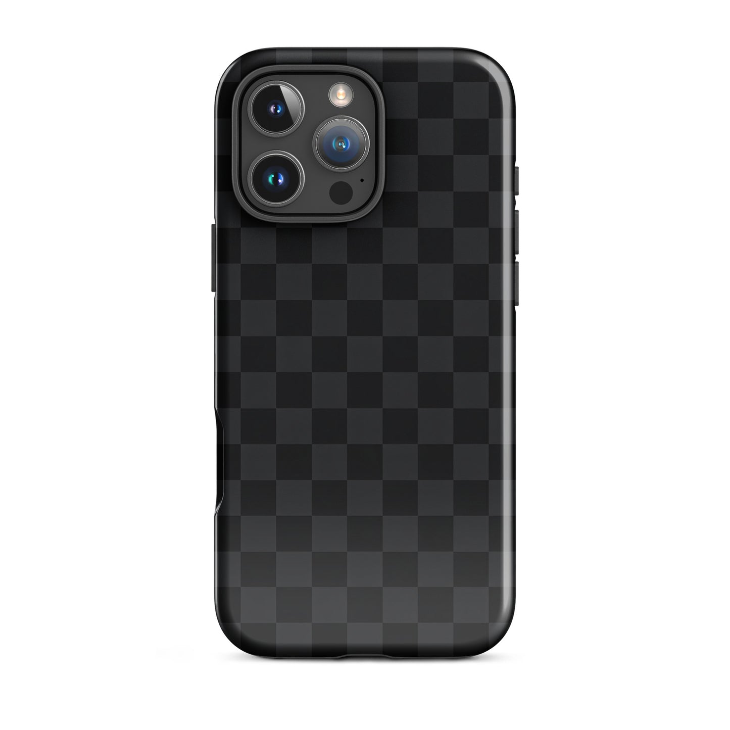 Phone Case for iPhone in black and charcoal checkered design, modern minimalist style, offering protection and sophistication.
