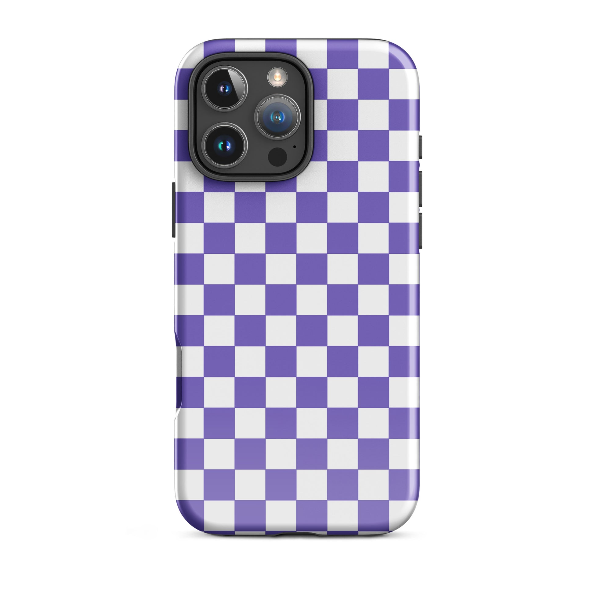 Phone Case for iPhone in purple and white checkered pattern, adding style and personality to your device.