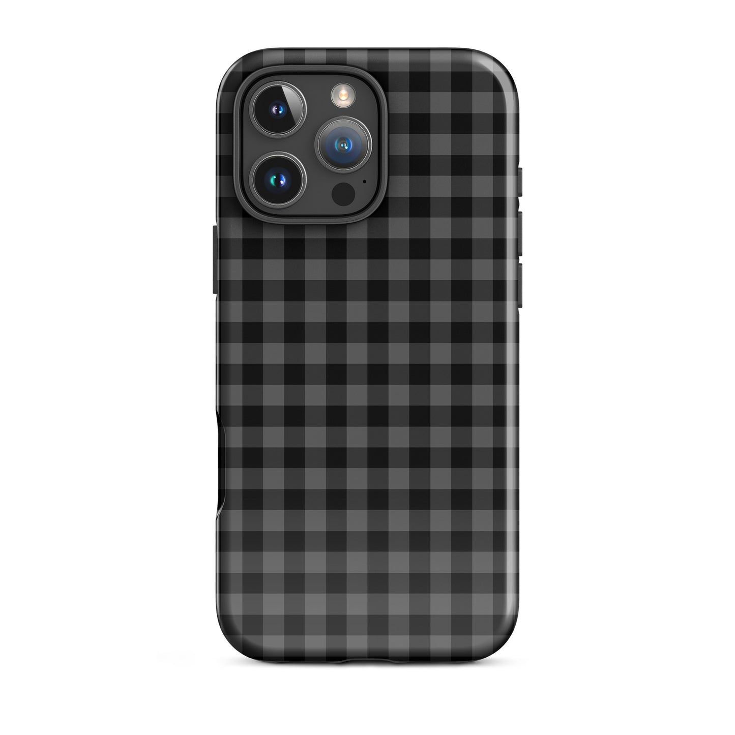 Phone Case with black charcoal gingham pattern for iPhone, combining playful charm and luxury, offering style and protection.