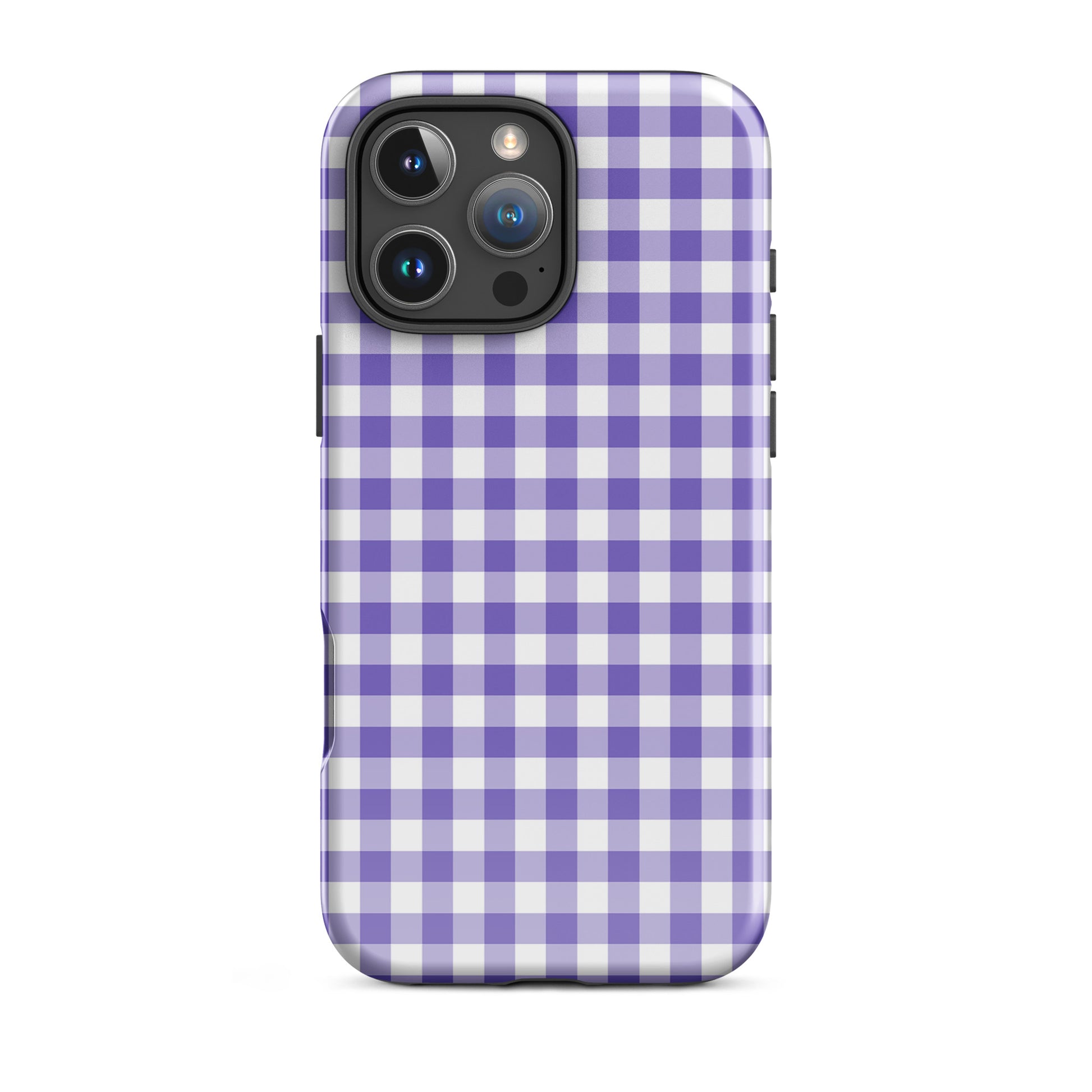 Phone Case with purple and white gingham pattern for iPhone, offering style and protection.