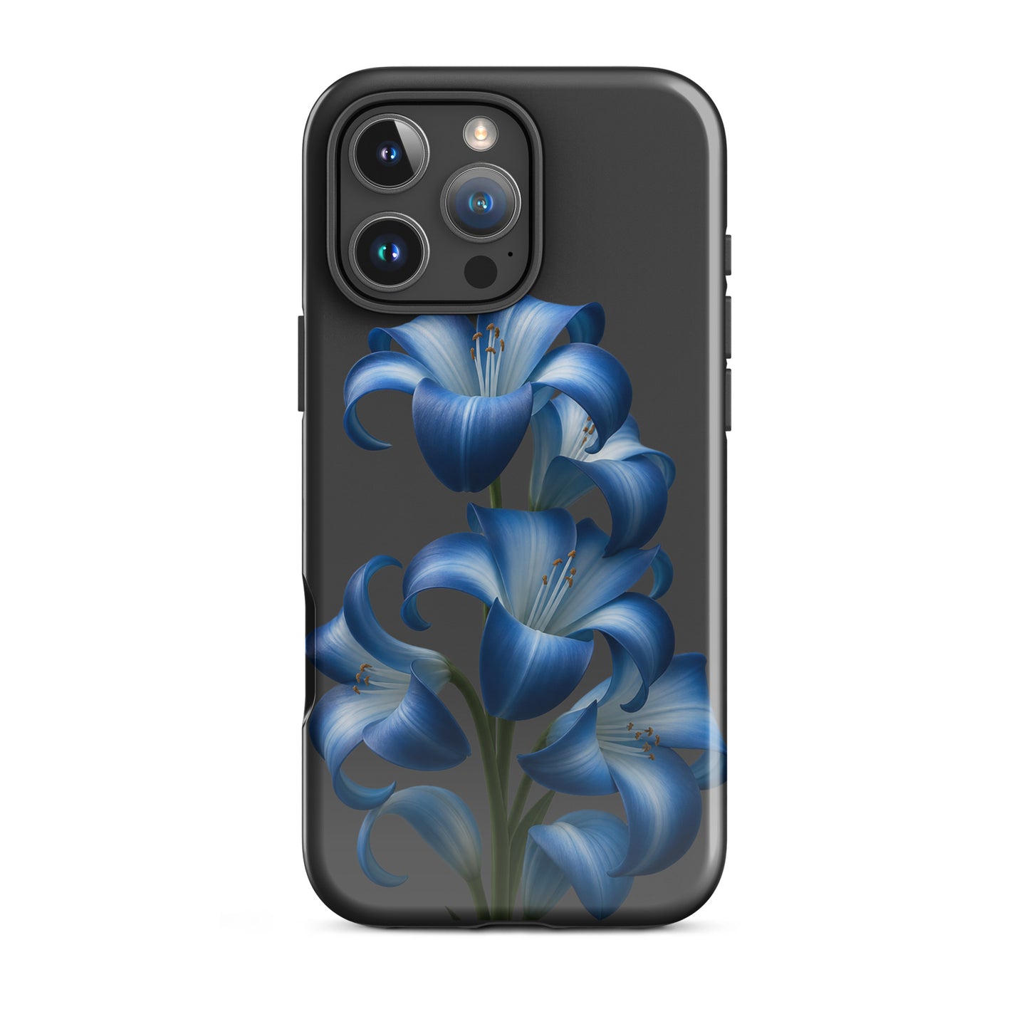 Phone Case featuring blue lily bloom art on a dark background, designed for iPhone, offers stylish floral protection.