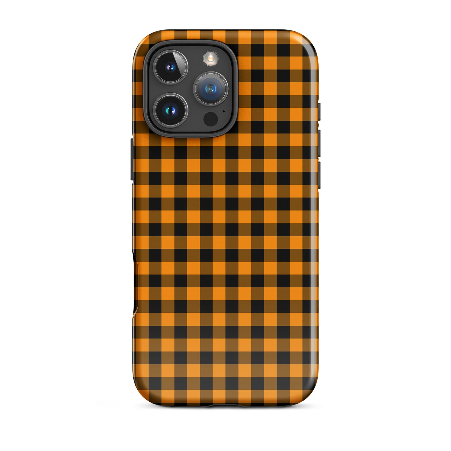 Black-and-orange gingham Autumn theme phone case for iPhone showcasing stylish and durable design.