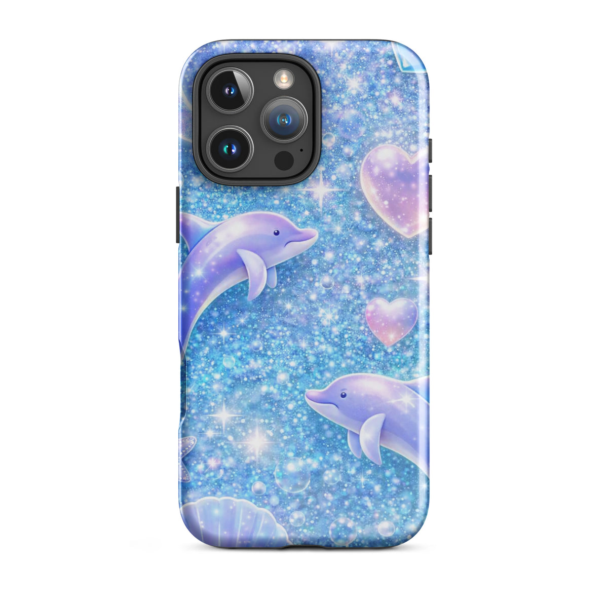 Phone Case features glitter dolphins, pastel moons, and shells on an ocean-themed design, perfect for iPhone protection.