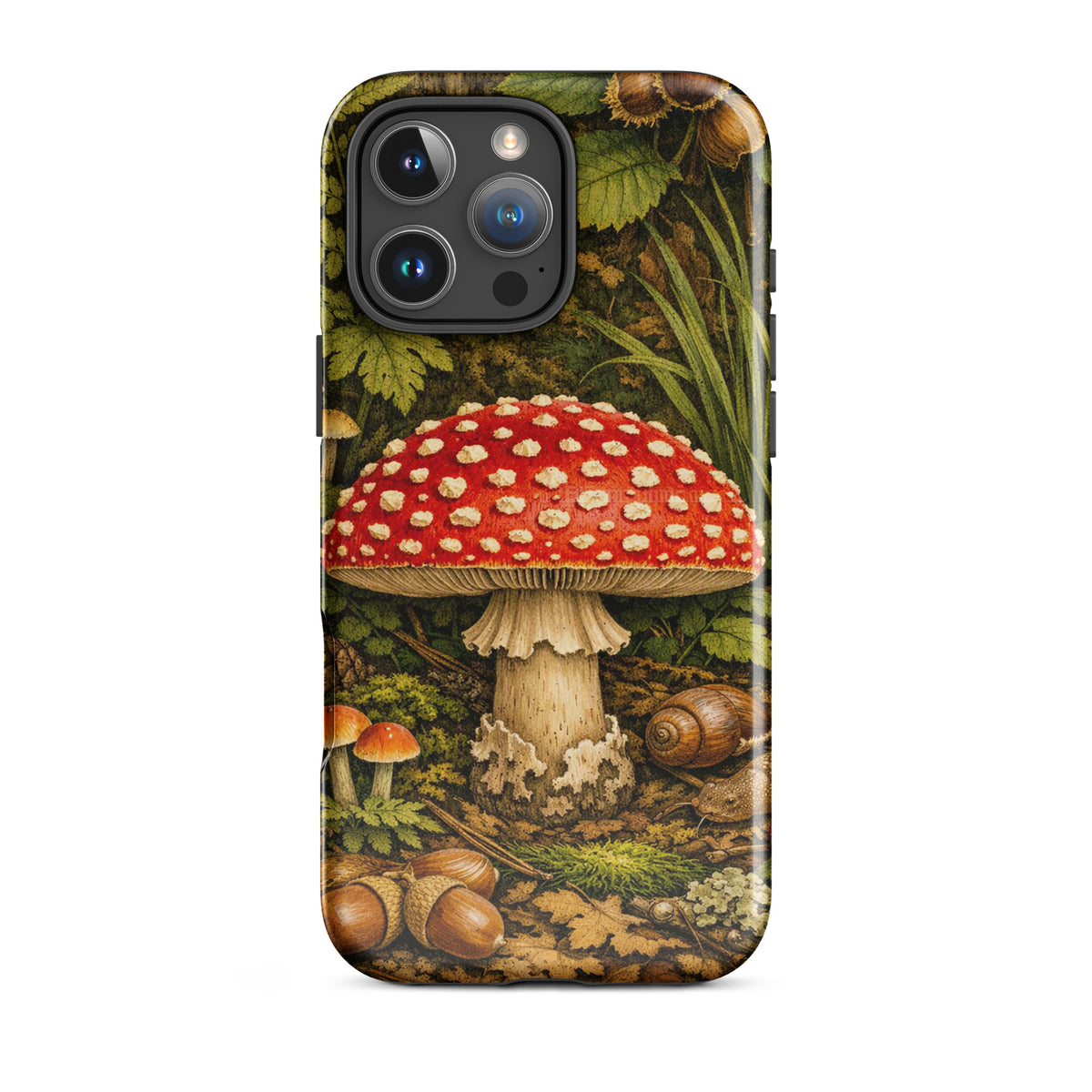Phone Case with Amanita muscaria mushroom design in lush forest setting, featuring red cap with white spots.