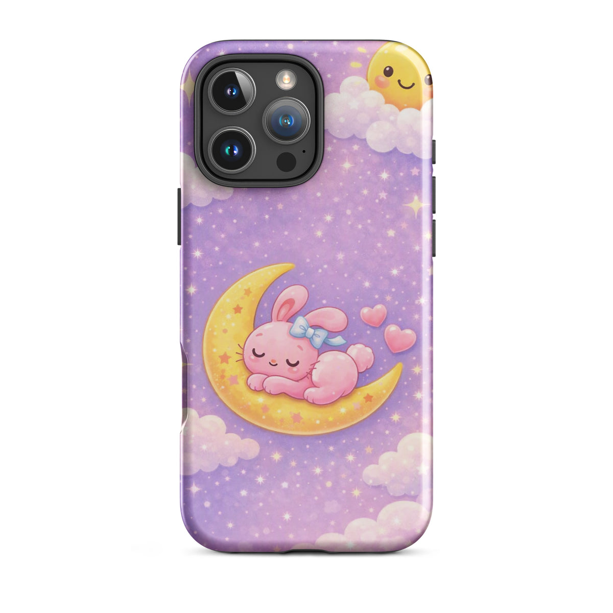 Phone Case for iPhone with dreamy bunny and crescent moon design, featuring pastel stars and celestial charm.