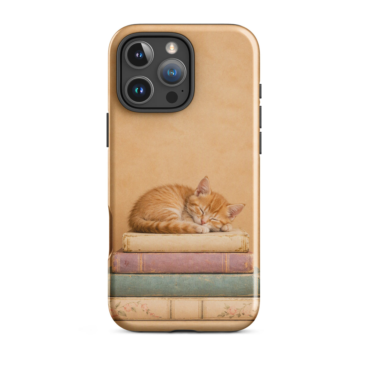 Phone Case for iPhone with sleeping kitten on vintage books, featuring warm colors and charming design with a cute orange kitten.