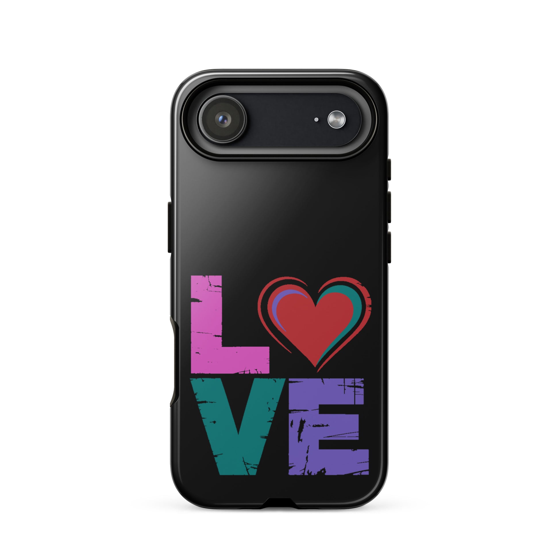 Love Tough Dual Layered Case for iPhones featuring a colorful 'LOVE' design with a heart.