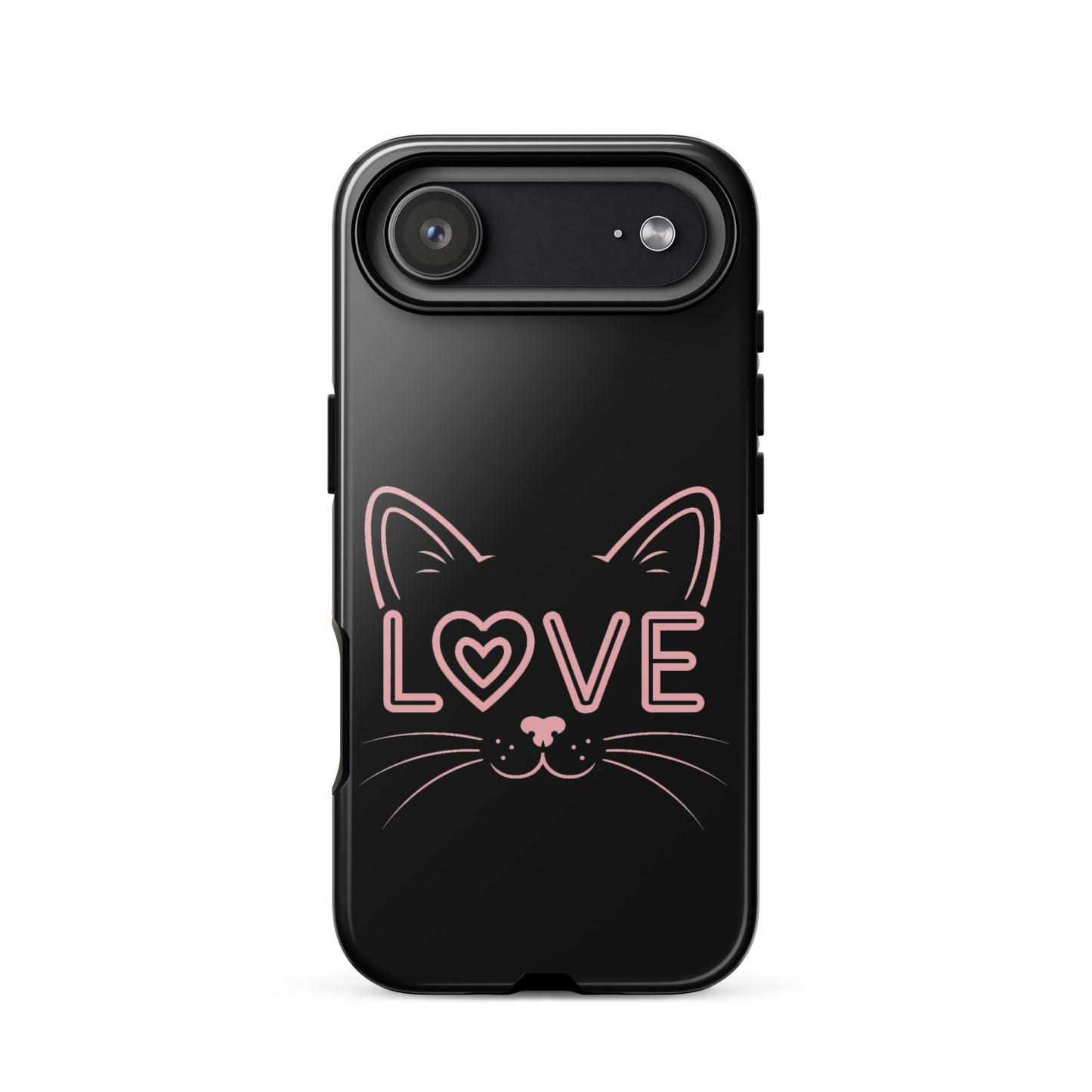 Cat Love phone case for iPhone featuring minimalist cat face design with the word love in pink.