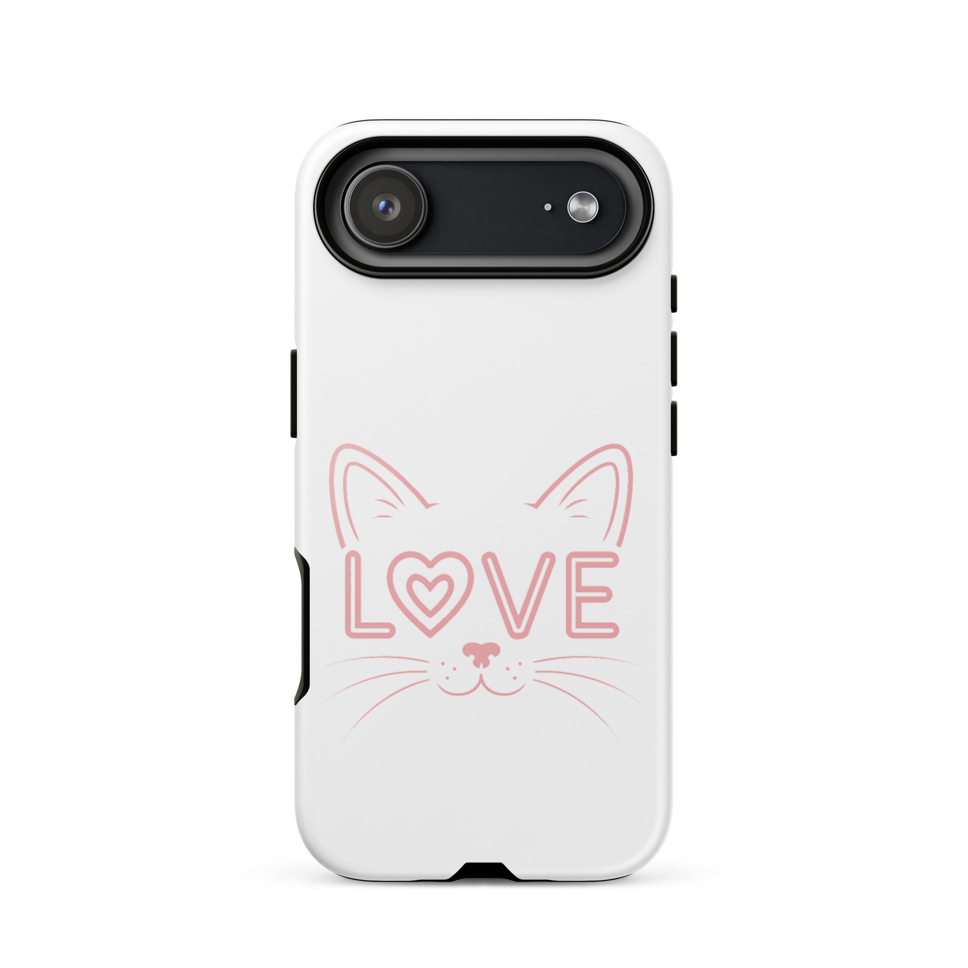 Cat Love phone case featuring a minimalist cat face design with the word 'LOVE' as an eye.