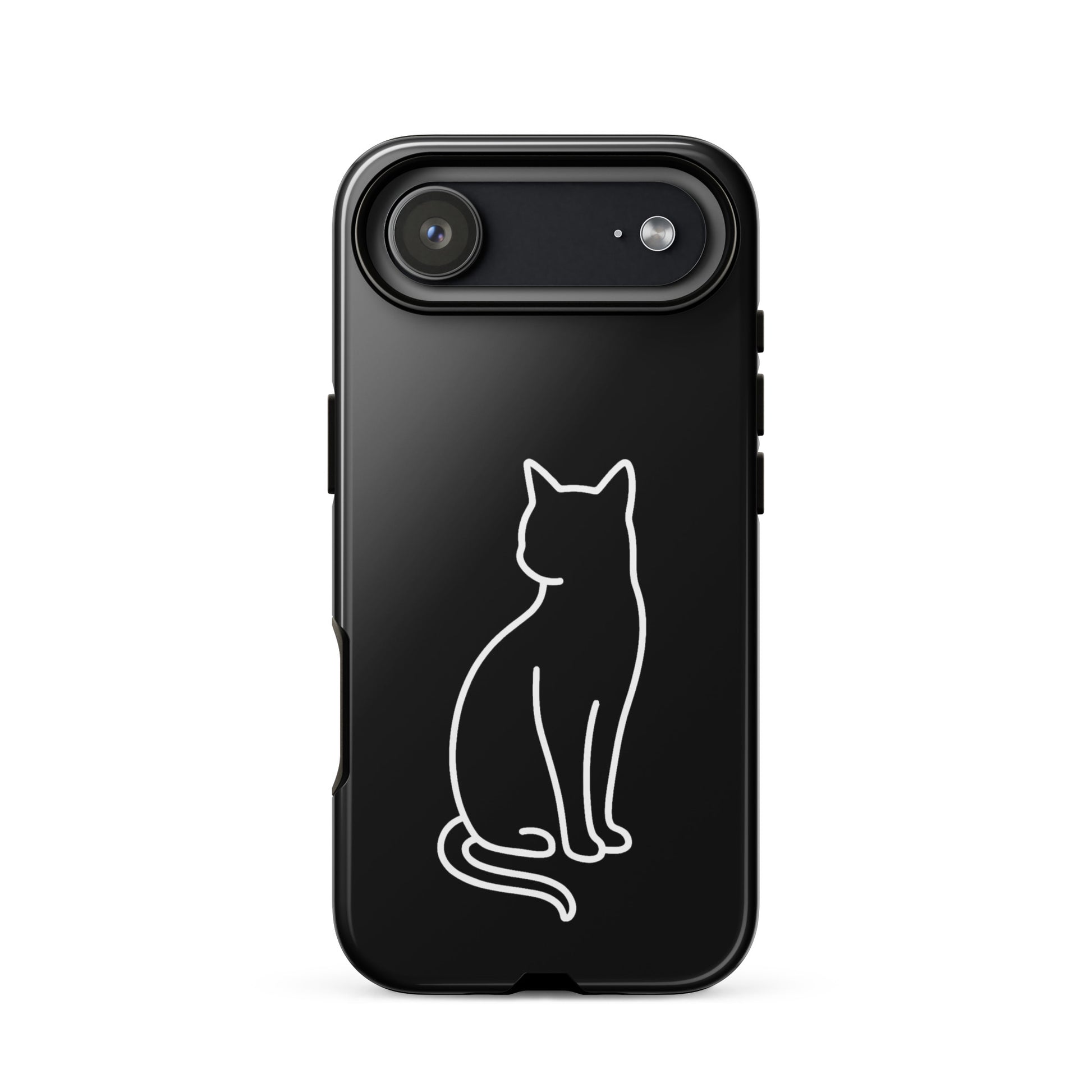 Phone Case for iPhone featuring a minimalist sitting cat design on a sleek black background.