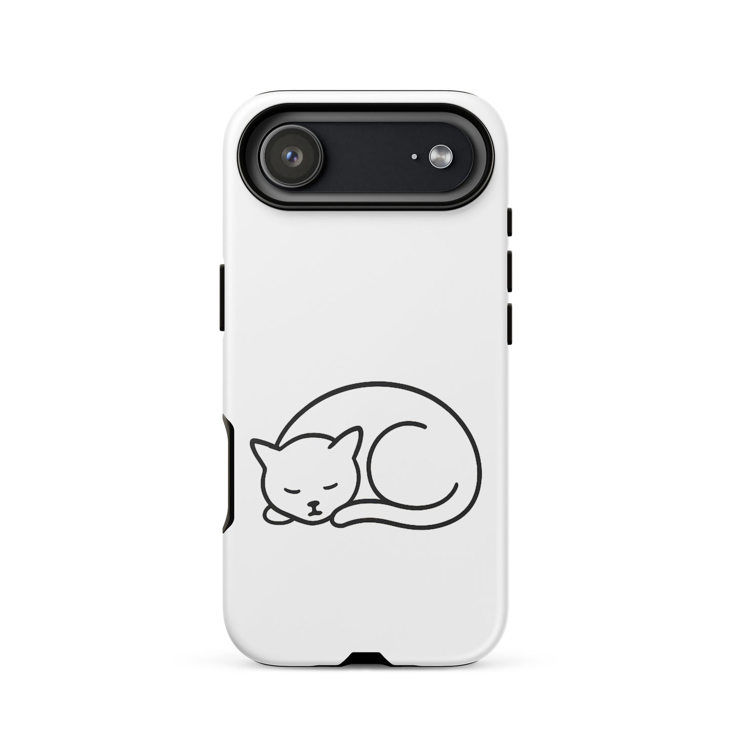Phone case for iPhone featuring a minimalist curled-up cat design on a white background.