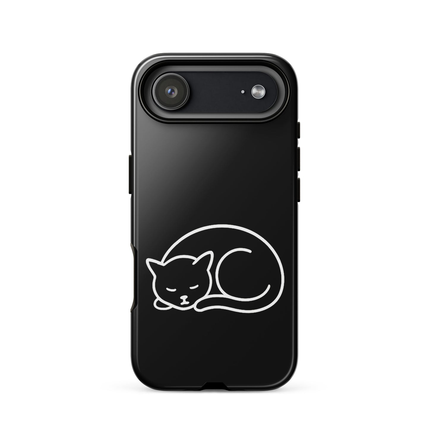 Phone case for iPhone featuring a minimalist curled-up cat design in white on a black background.
