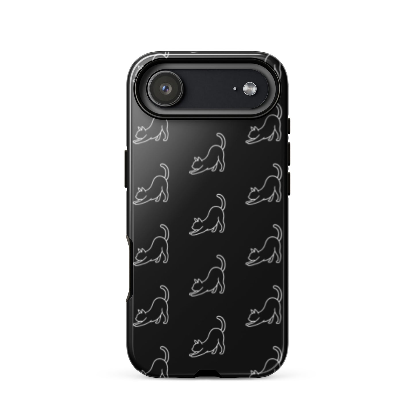 Phone Case for iPhone featuring a minimalist stretching cat pattern on a sleek black background.
