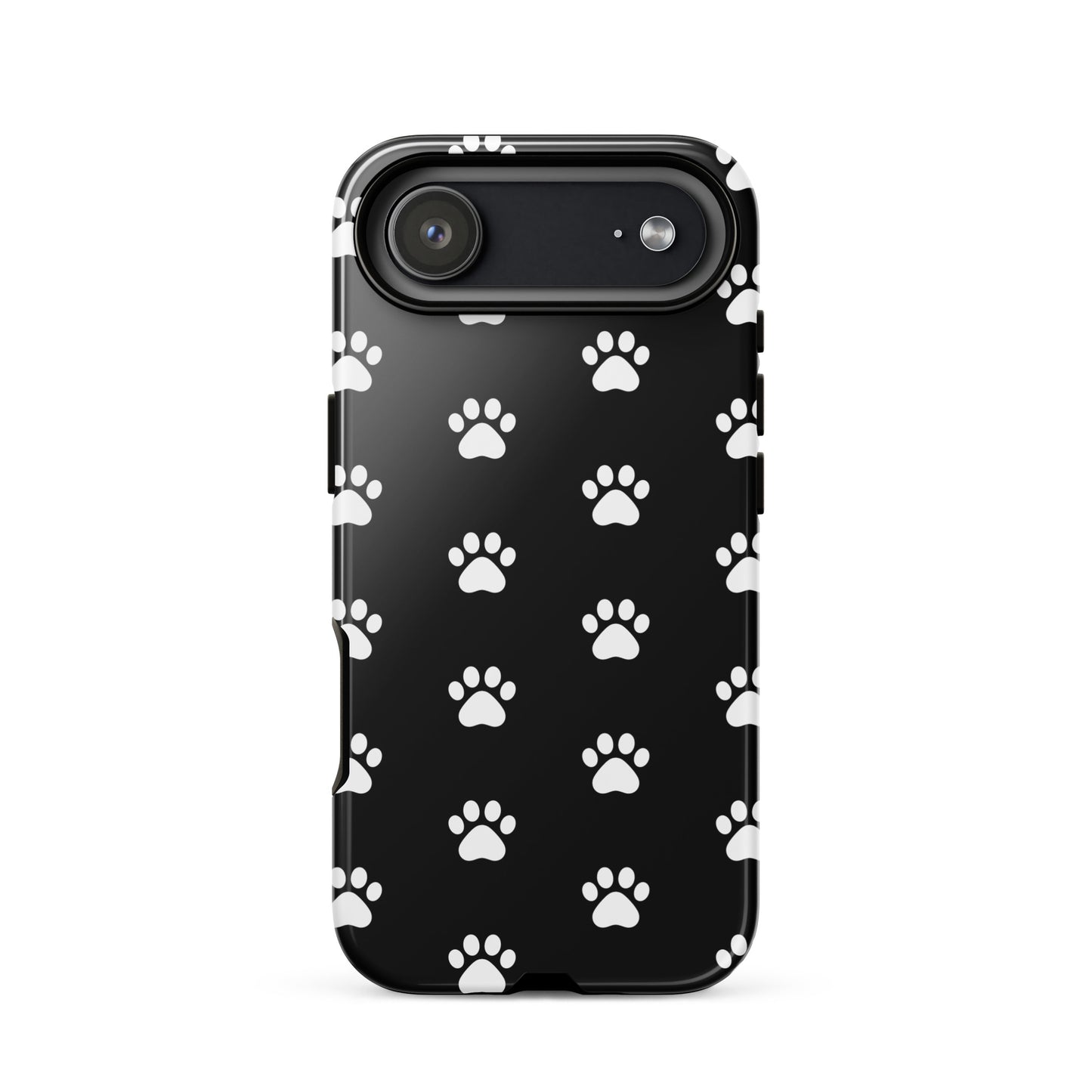 Phone Case for iPhone with stylish black design featuring white paw prints for pet lovers.