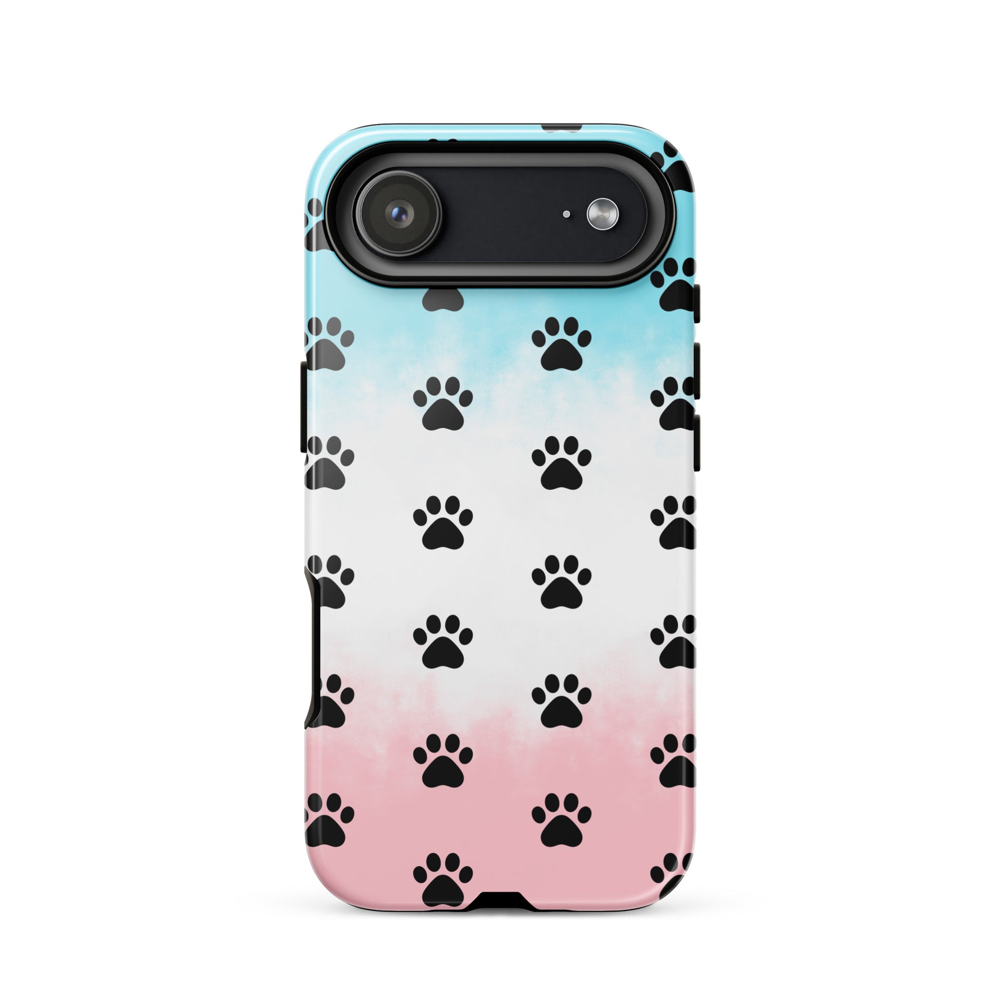 Phone Case for iPhone featuring a playful paw print pattern in blue and pink.