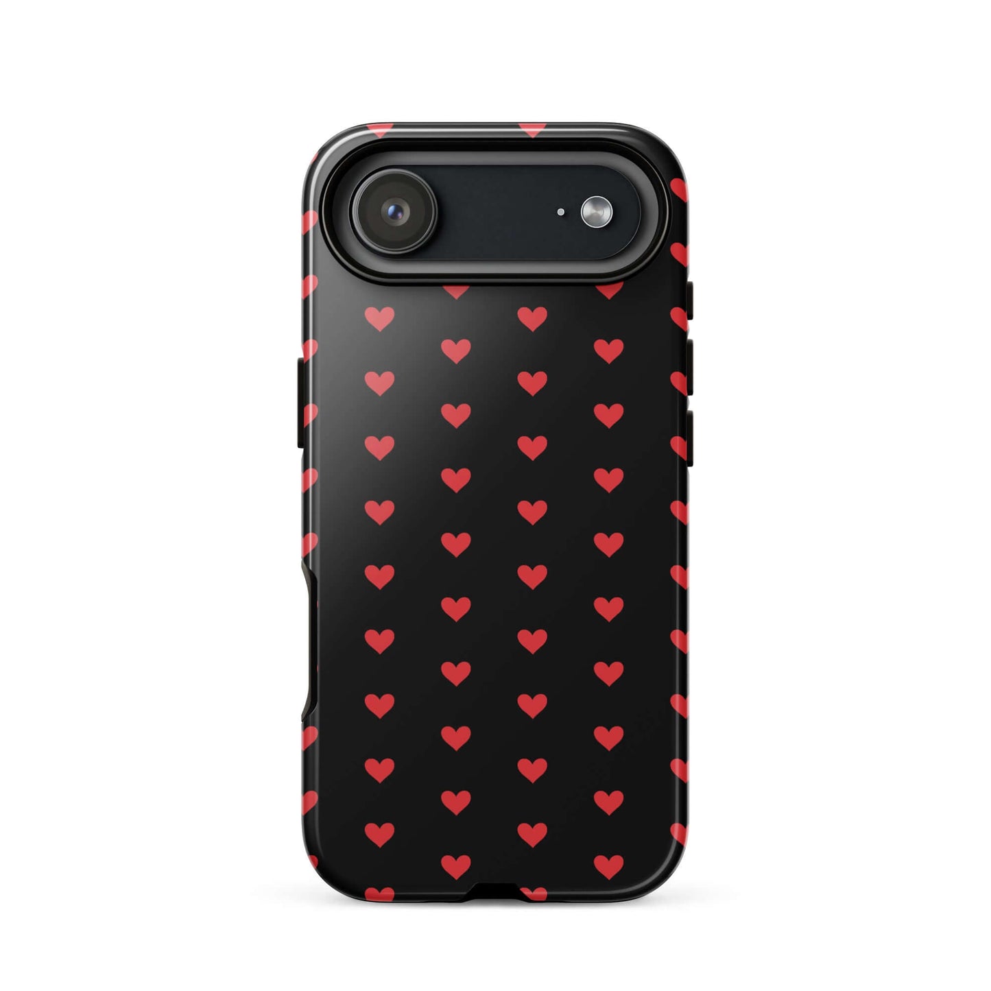Phone Case for iPhone featuring fiery red hearts pattern on a black background, combining style and protection.