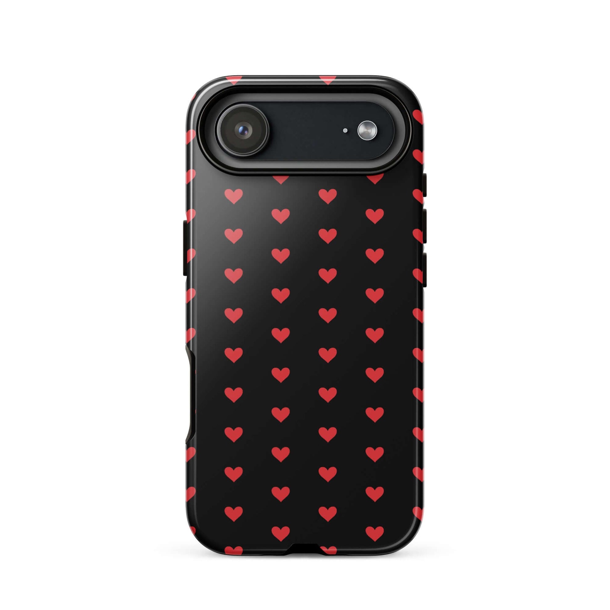 Phone Case for iPhone featuring fiery red hearts pattern on a black background, combining style and protection.