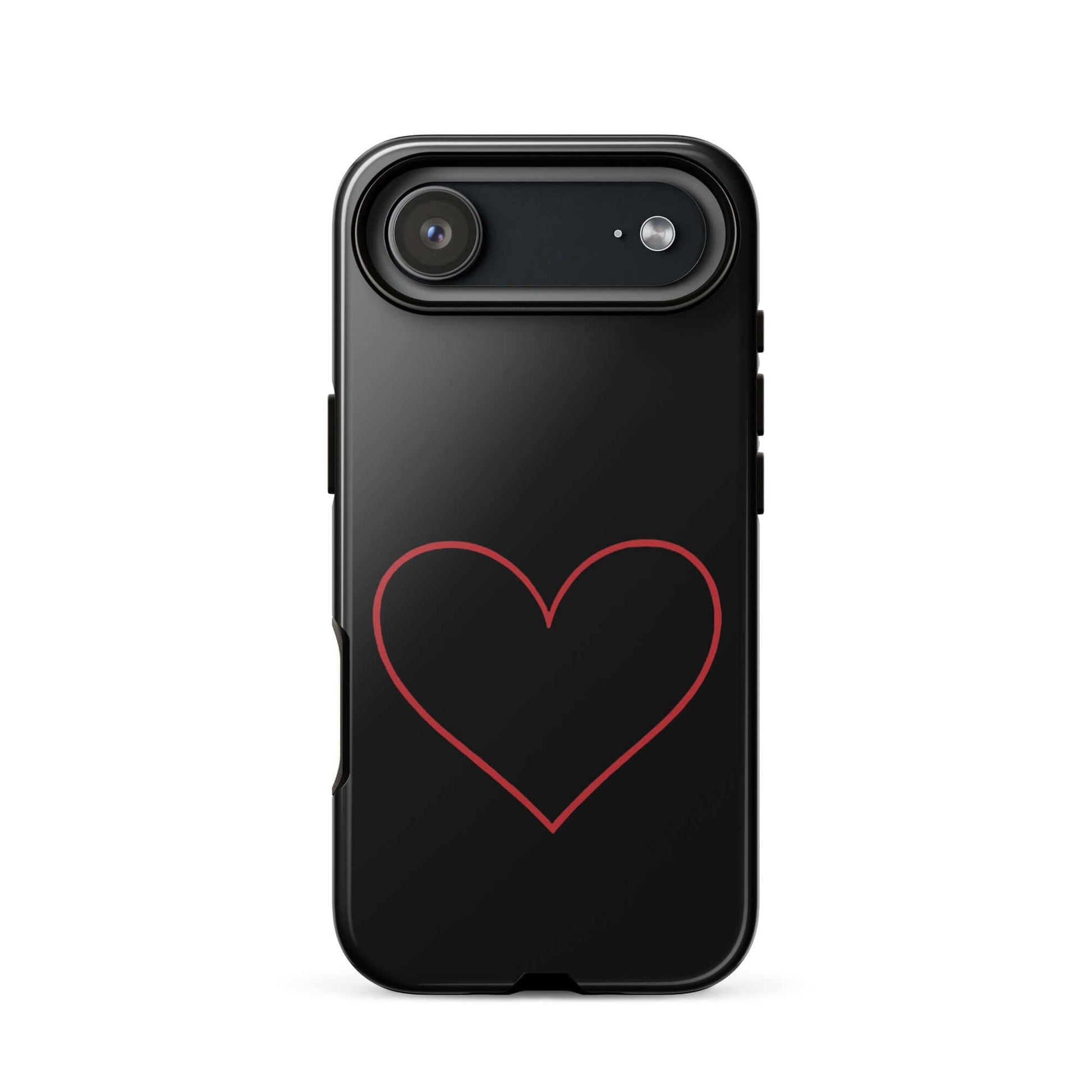 Phone Case for iPhone featuring minimalist crimson heart design on sleek black background.