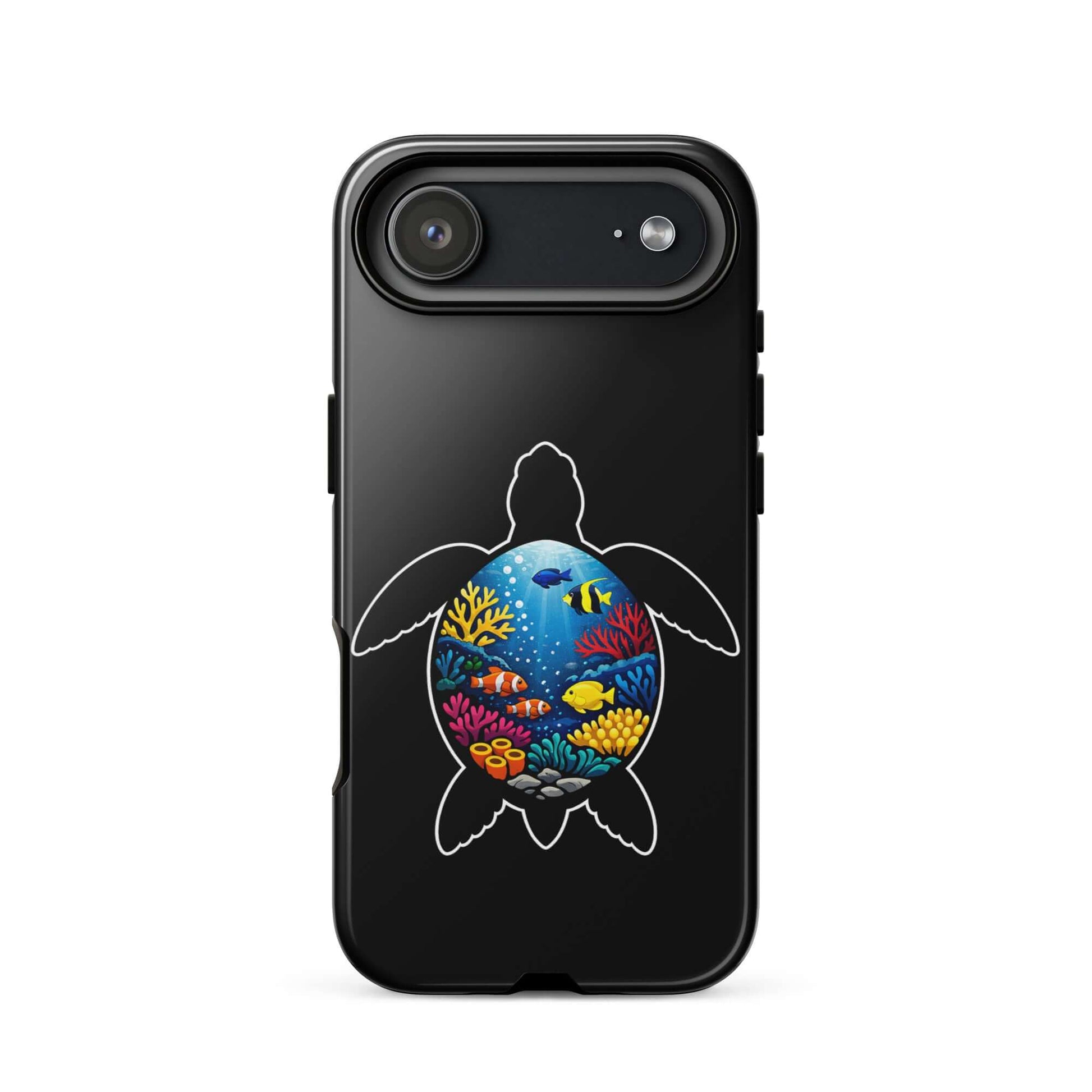 Phone Case for iPhone featuring vibrant sea turtle and coral reef design on a black background.