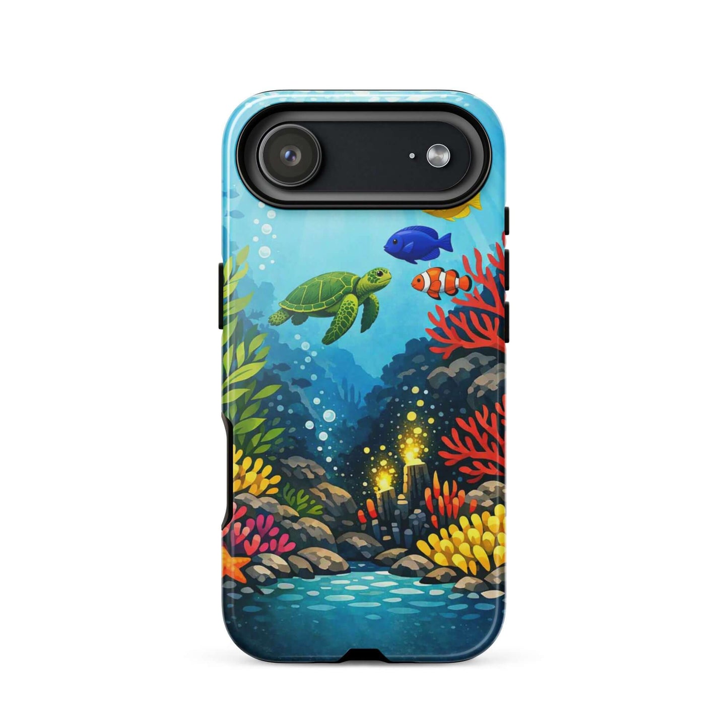 Phone case with vibrant sea turtle and coral reef design, showcasing underwater artistry and marine life.