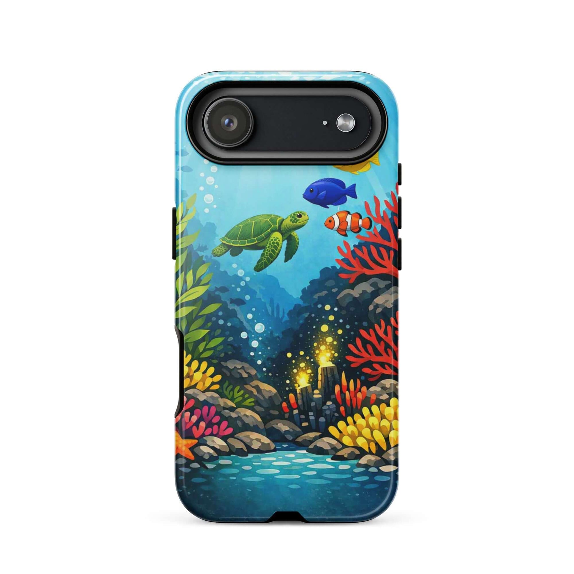 Phone case with vibrant sea turtle and coral reef design, showcasing underwater artistry and marine life.