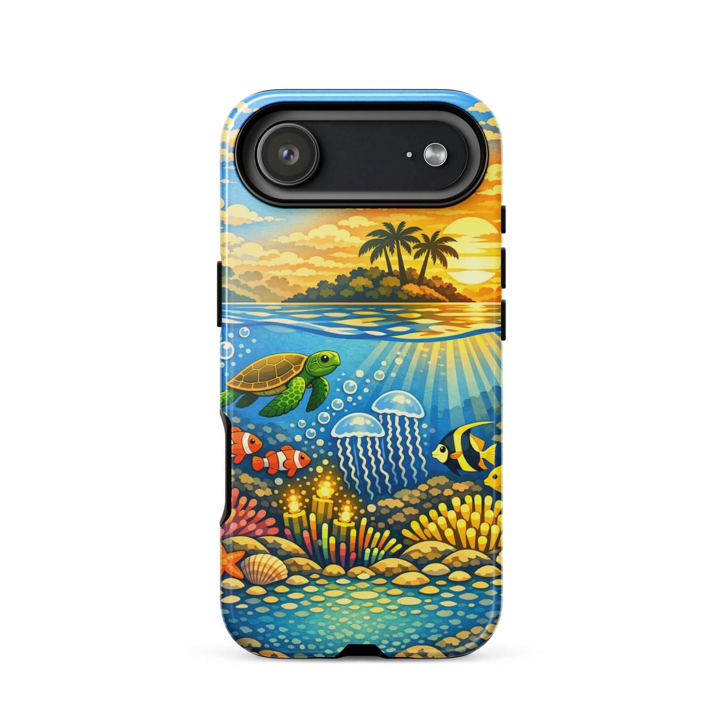 Phone Case featuring a tropical sunset and vibrant underwater reef with marine life.
