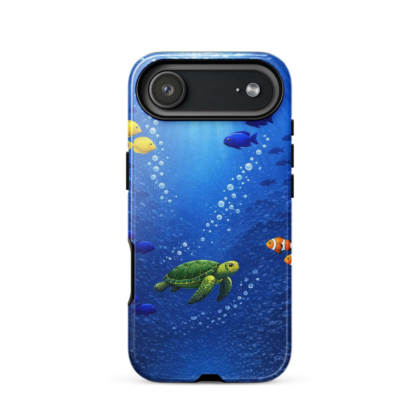 Phone Case featuring a vibrant sea turtle and tropical fish design in deep blue ocean backdrop.