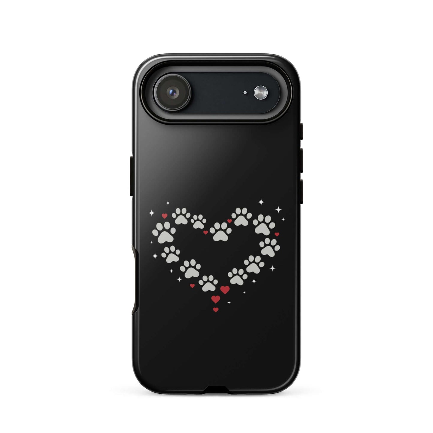 Phone Case featuring a paw-print heart design on a stylish black backdrop for pet lovers.