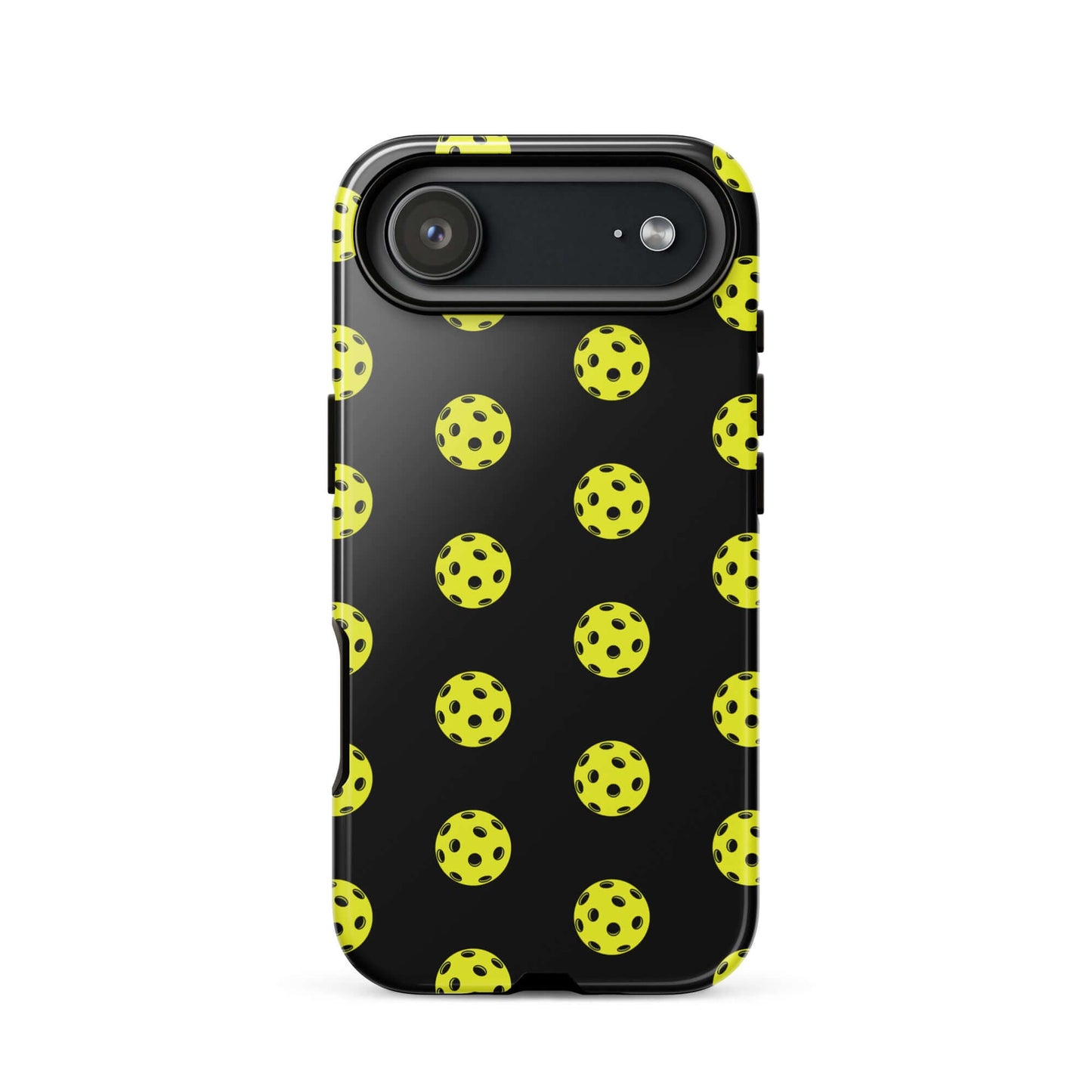 Phone Case featuring a bold pickleball pattern on a black background for sporty style.