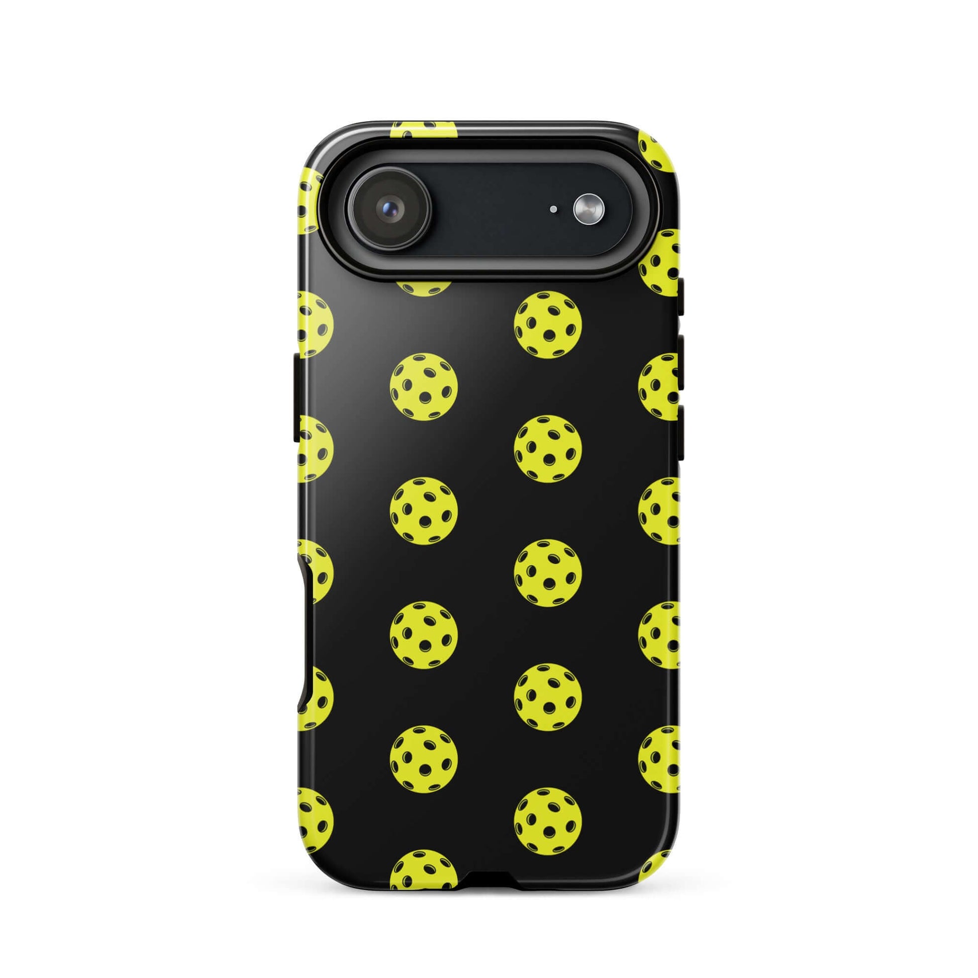 Phone Case featuring a bold pickleball pattern on a black background for sporty style.
