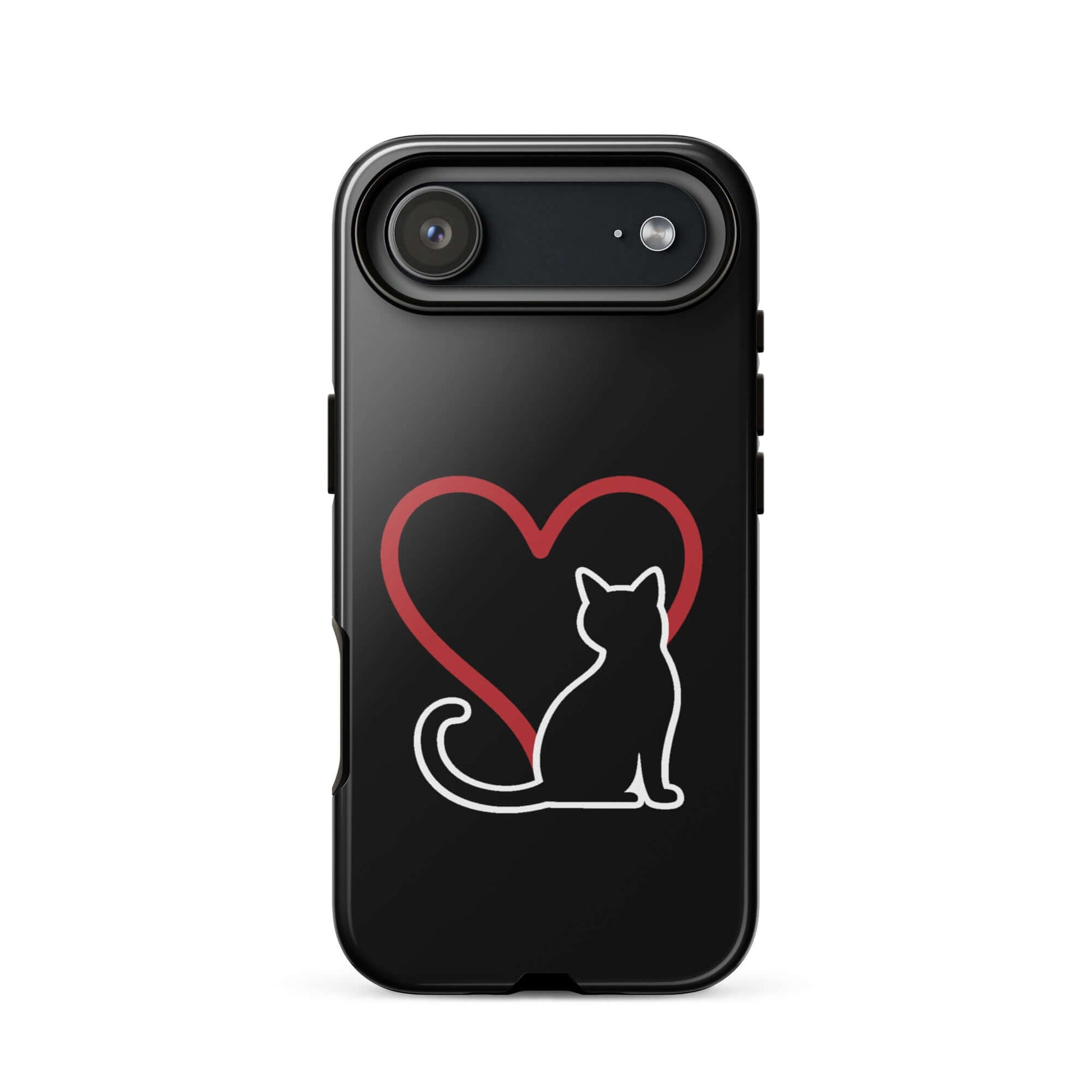 Phone Case featuring a minimalist black cat design and a bold red heart, ideal for cat lovers.