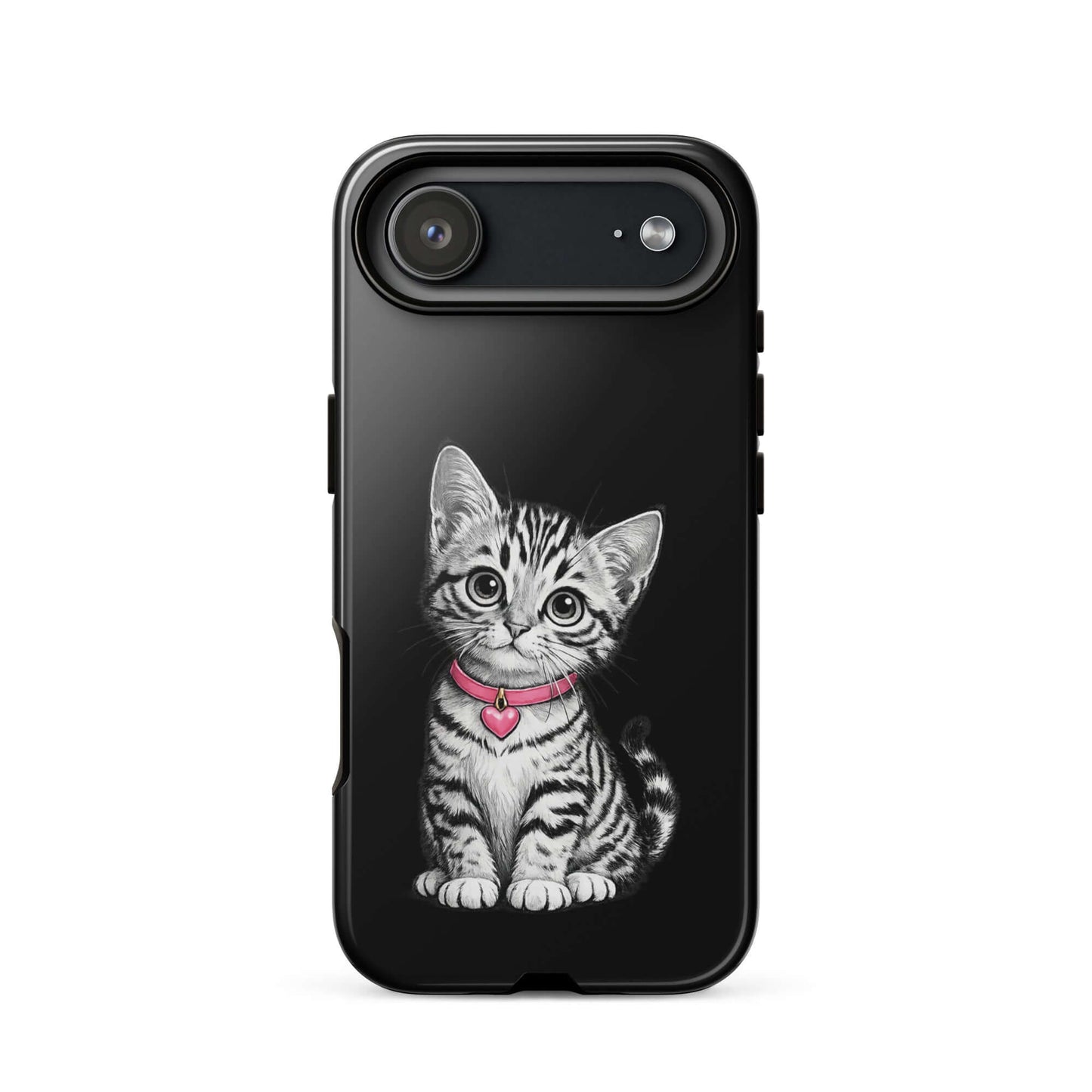 Phone Case for iPhone with pencil sketch kitten and pink heart charm, blending artful charm with premium protection in elegant black-and-white.
