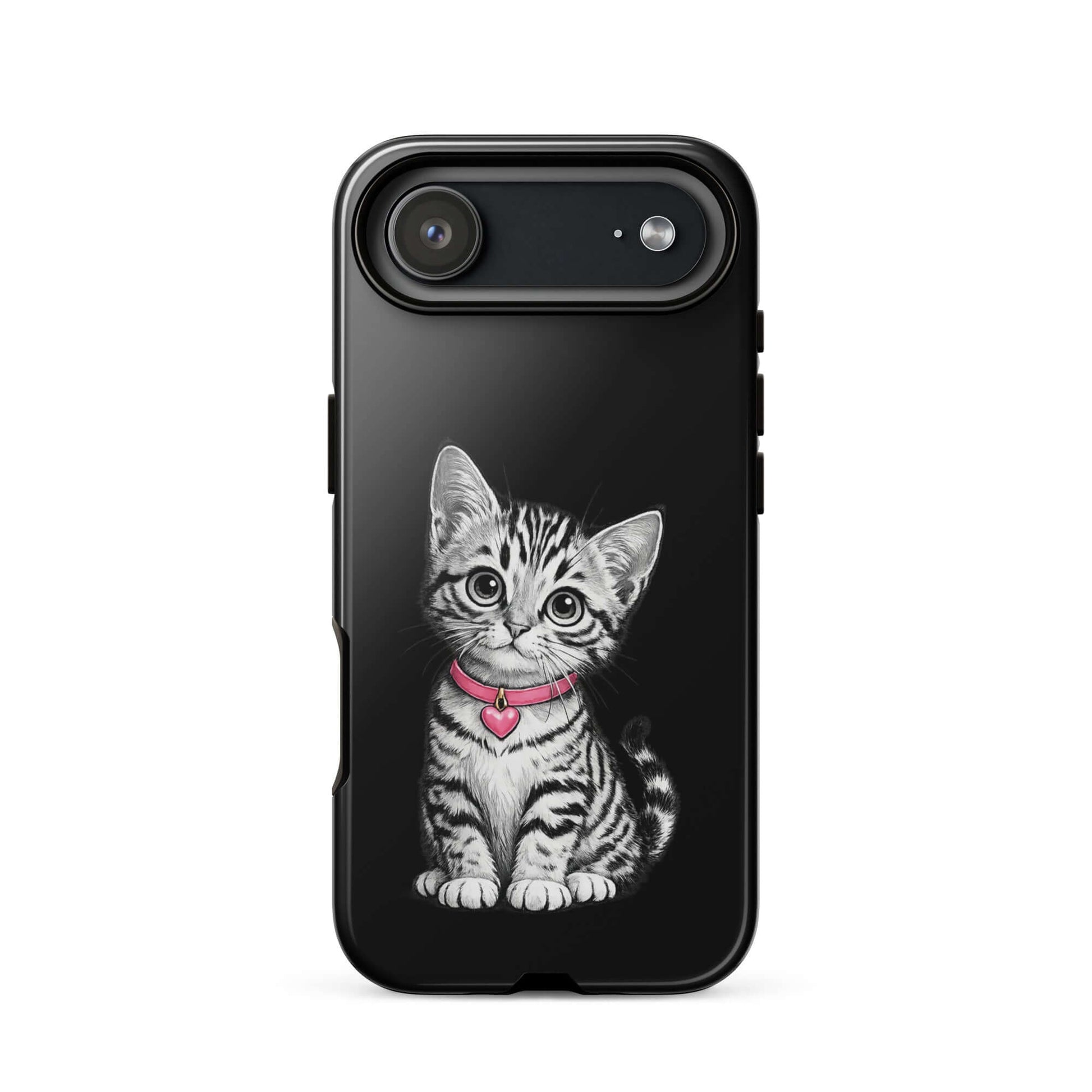 Phone Case for iPhone with pencil sketch kitten and pink heart charm, blending artful charm with premium protection in elegant black-and-white.