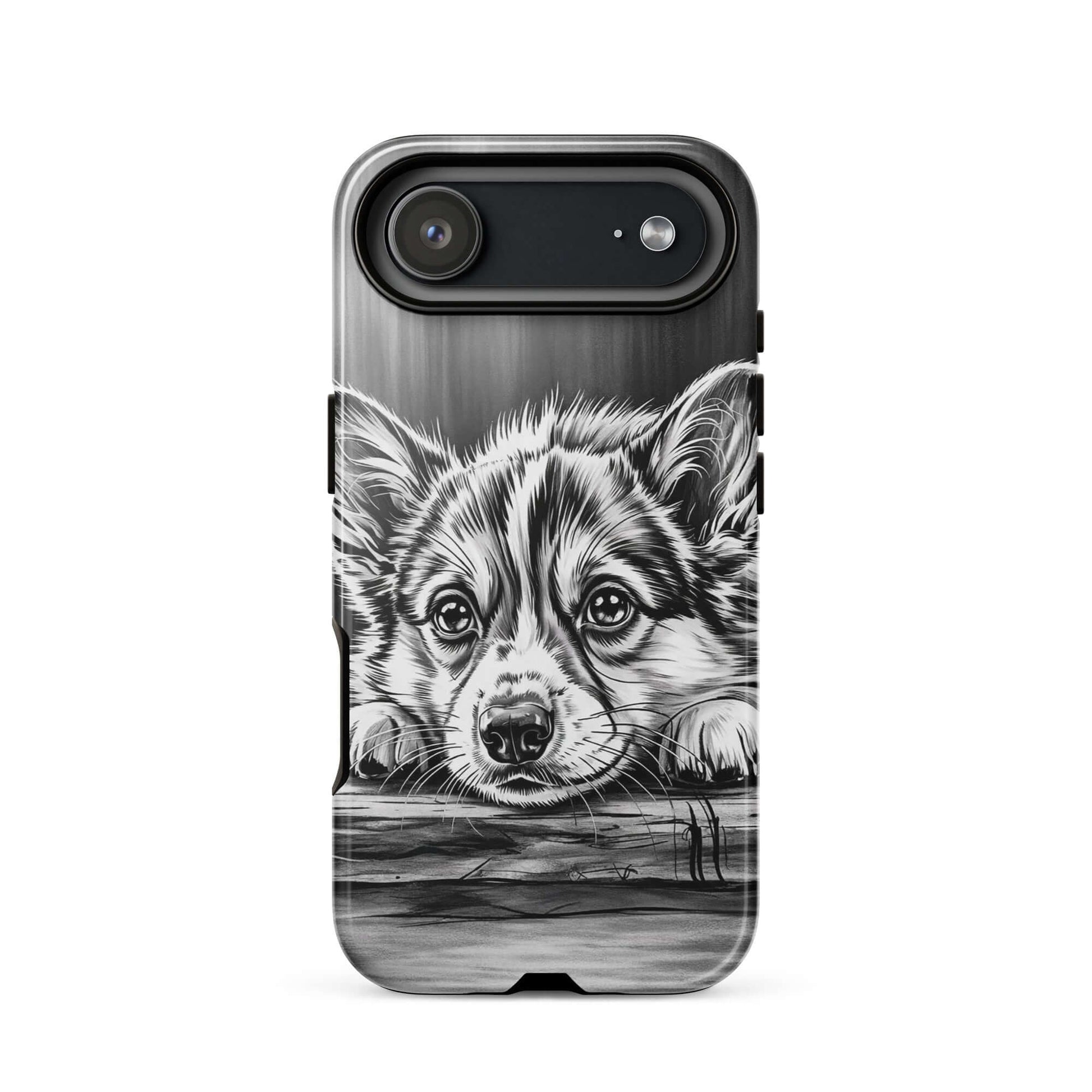 Phone Case for iPhone featuring black-and-white puppy art on aged wood for elegant protection.