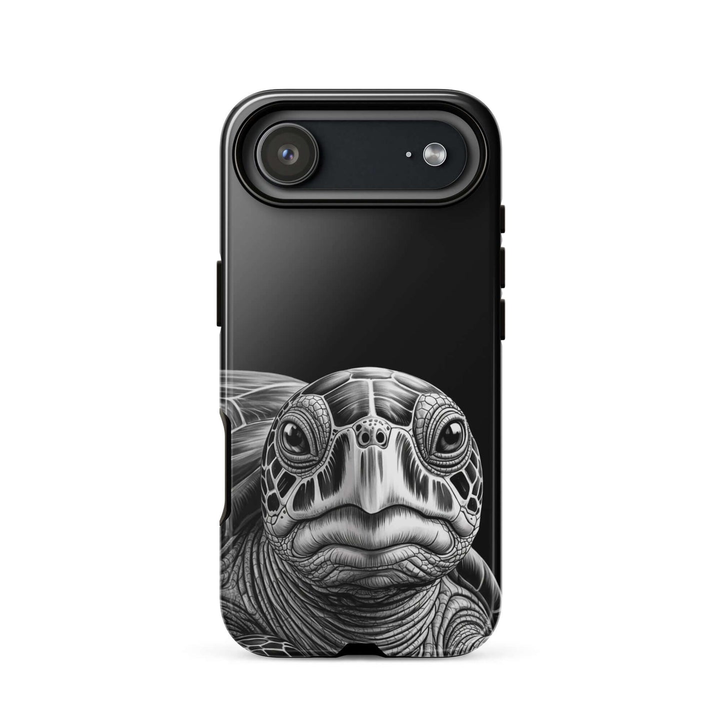 Phone Case for iPhone featuring ancient sea turtle art in black and white sketch style, blending luxury, function, and nature.