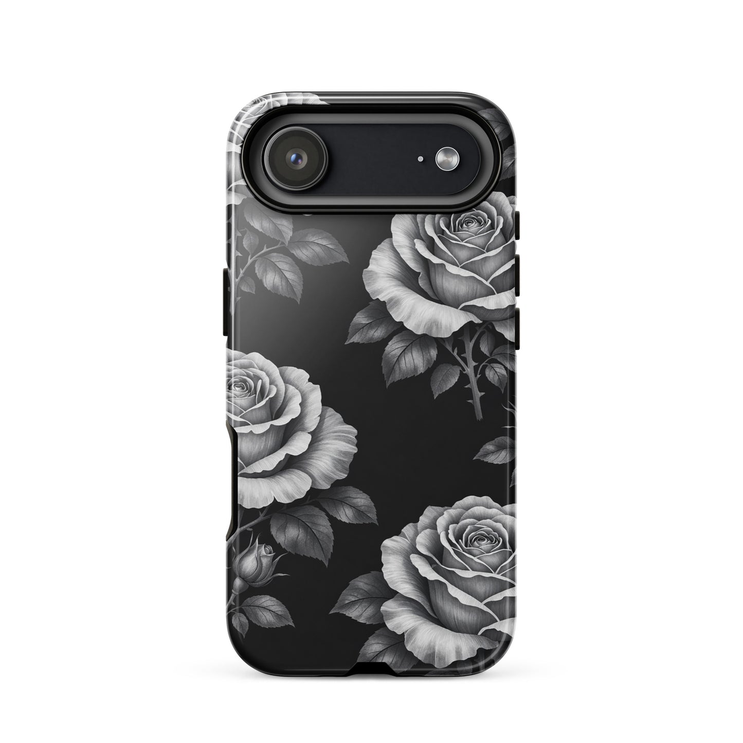 Phone Case featuring rose pattern on black background, designed for iPhone with hand-sketched floral elegance and style.