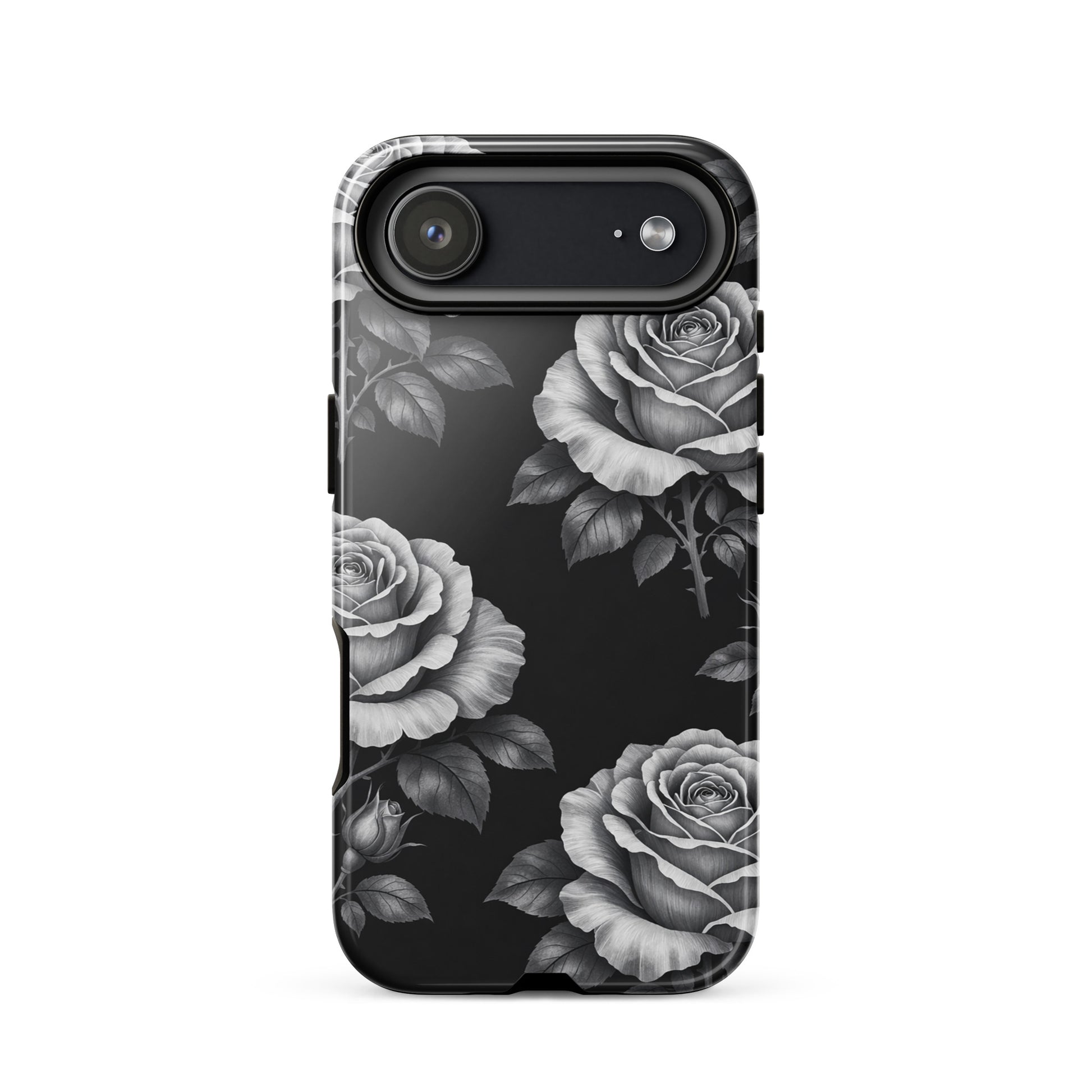 Phone Case featuring rose pattern on black background, designed for iPhone with hand-sketched floral elegance and style.