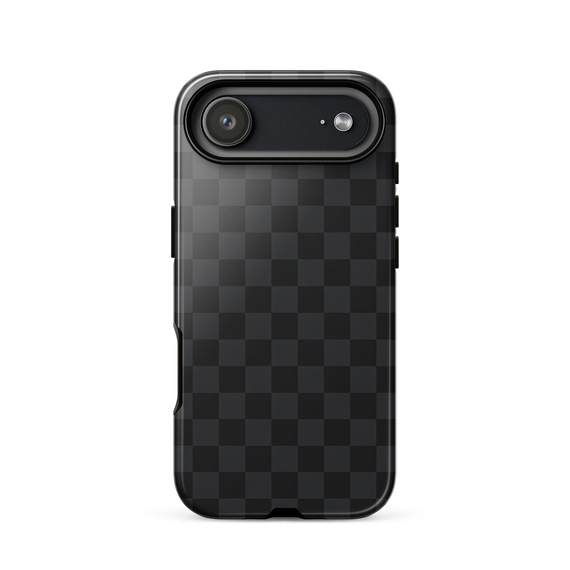 Phone Case for iPhone in black and charcoal checkered design, perfect for modern minimalists seeking sophistication and protection.