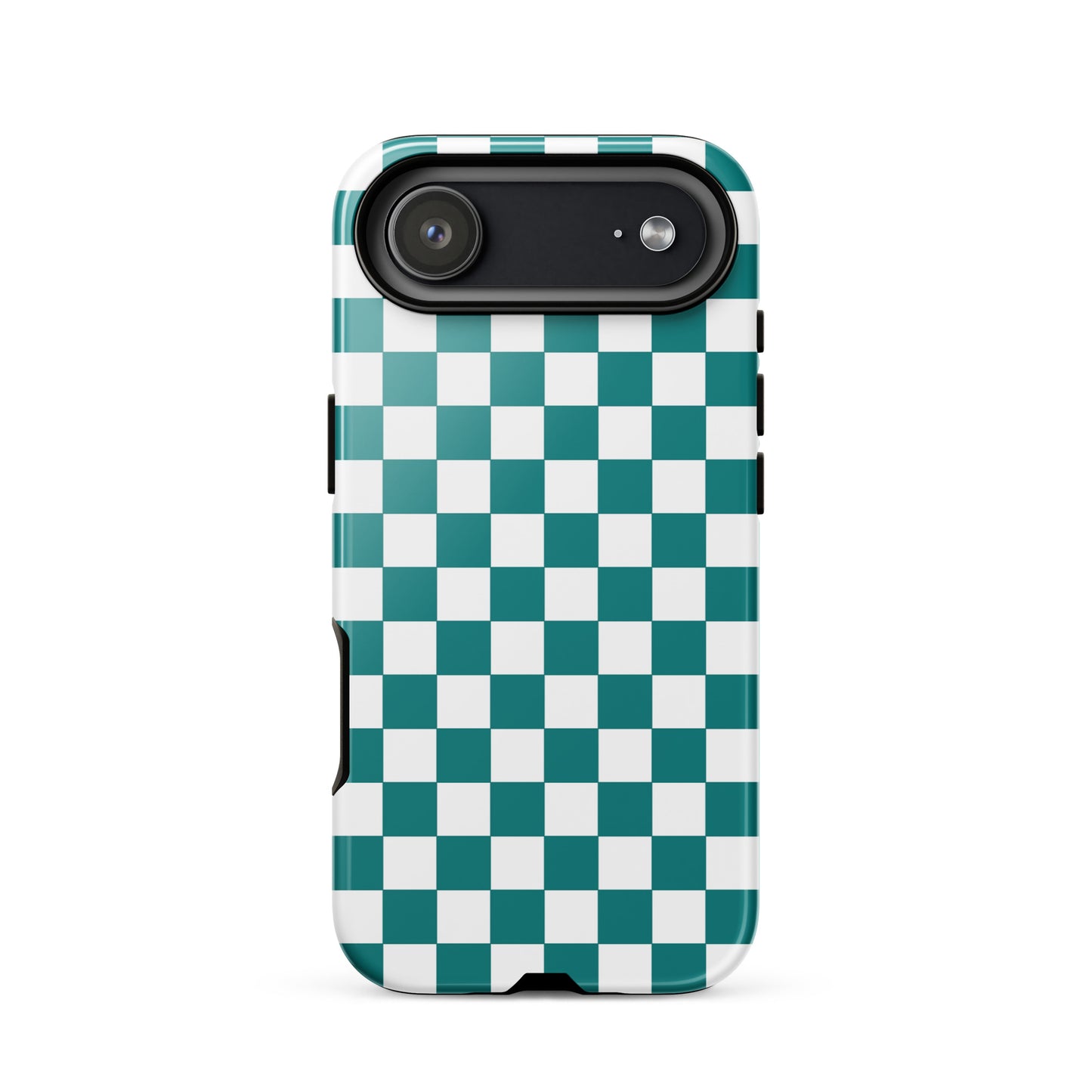 Phone Case for iPhone with teal and white checkered design, bold and playful style accessory