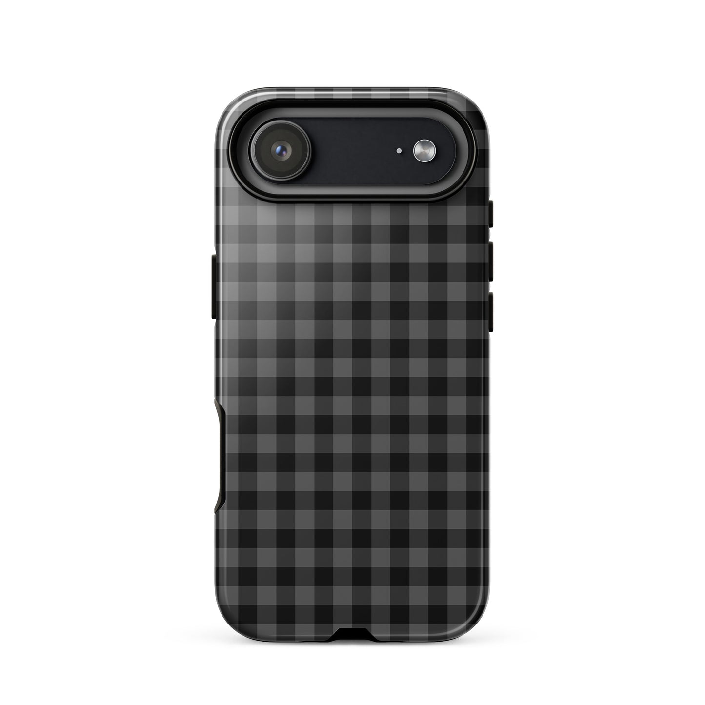 Phone Case with black and charcoal gingham pattern offers modern style and protection for iPhone devices.