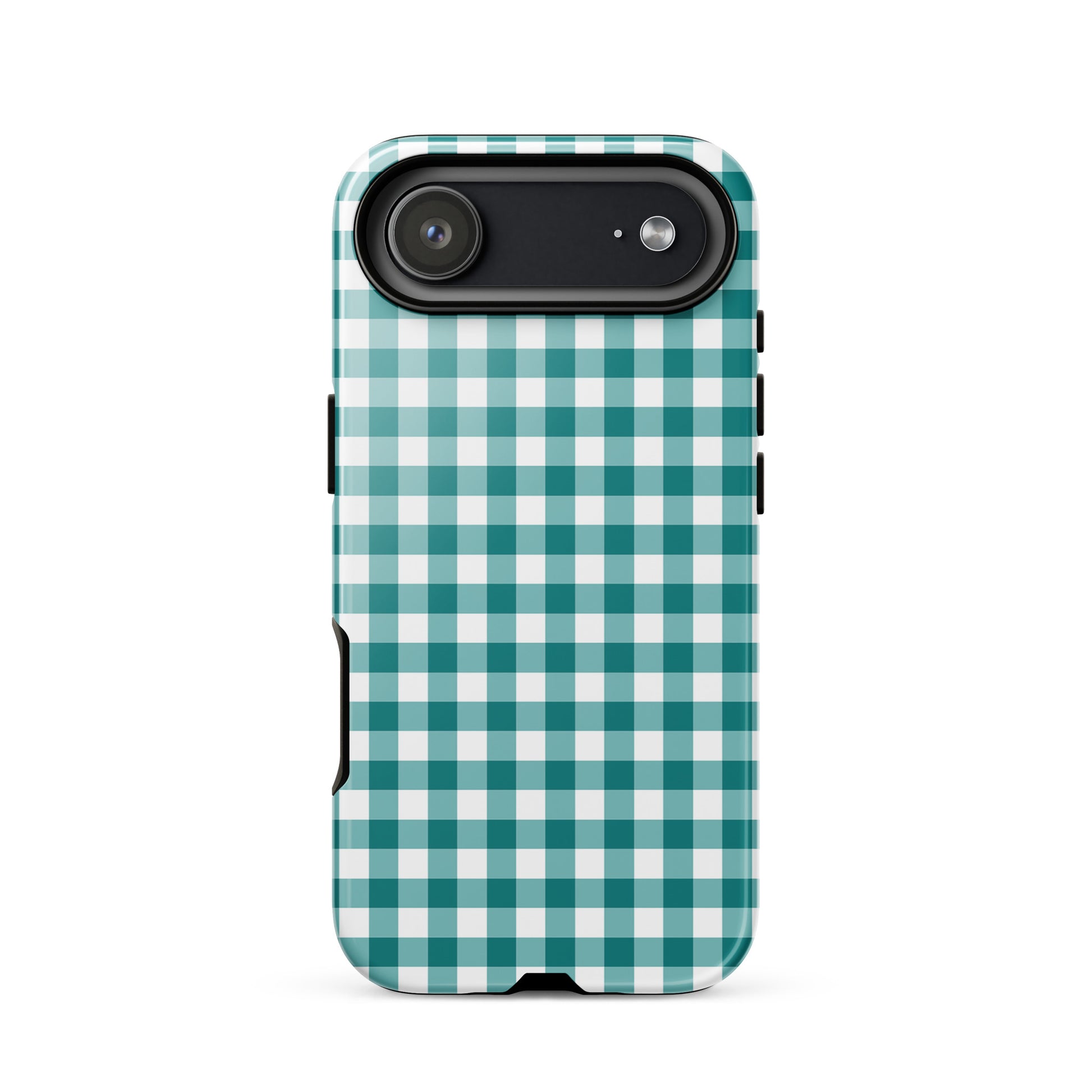 Phone Case for iPhone with teal-and-white gingham pattern offering stylish protection.